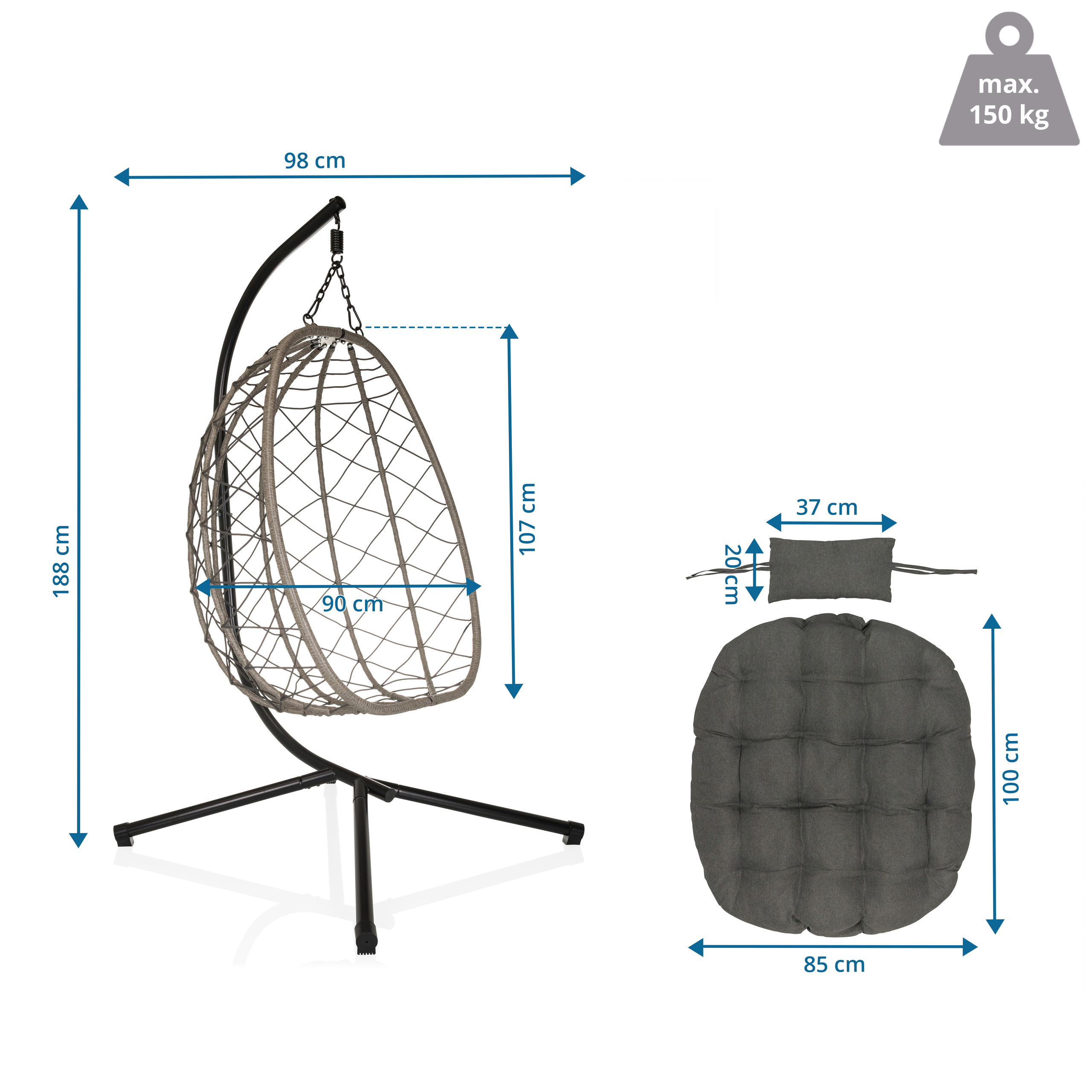 Cocova Hanging Chair with Frame & Cushion Grey