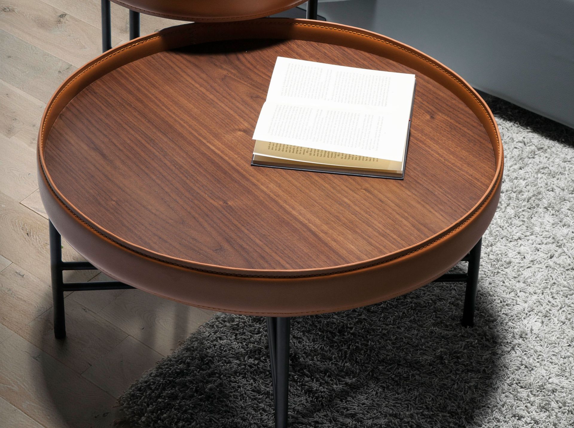 Coffee table walnut veneer faux leather brown Ø 62cm