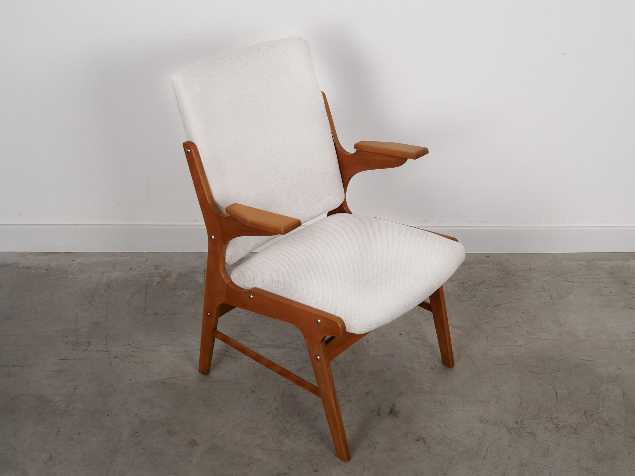 Vintage Sessel Buchenholz Textil Weiß 1960er Jahre