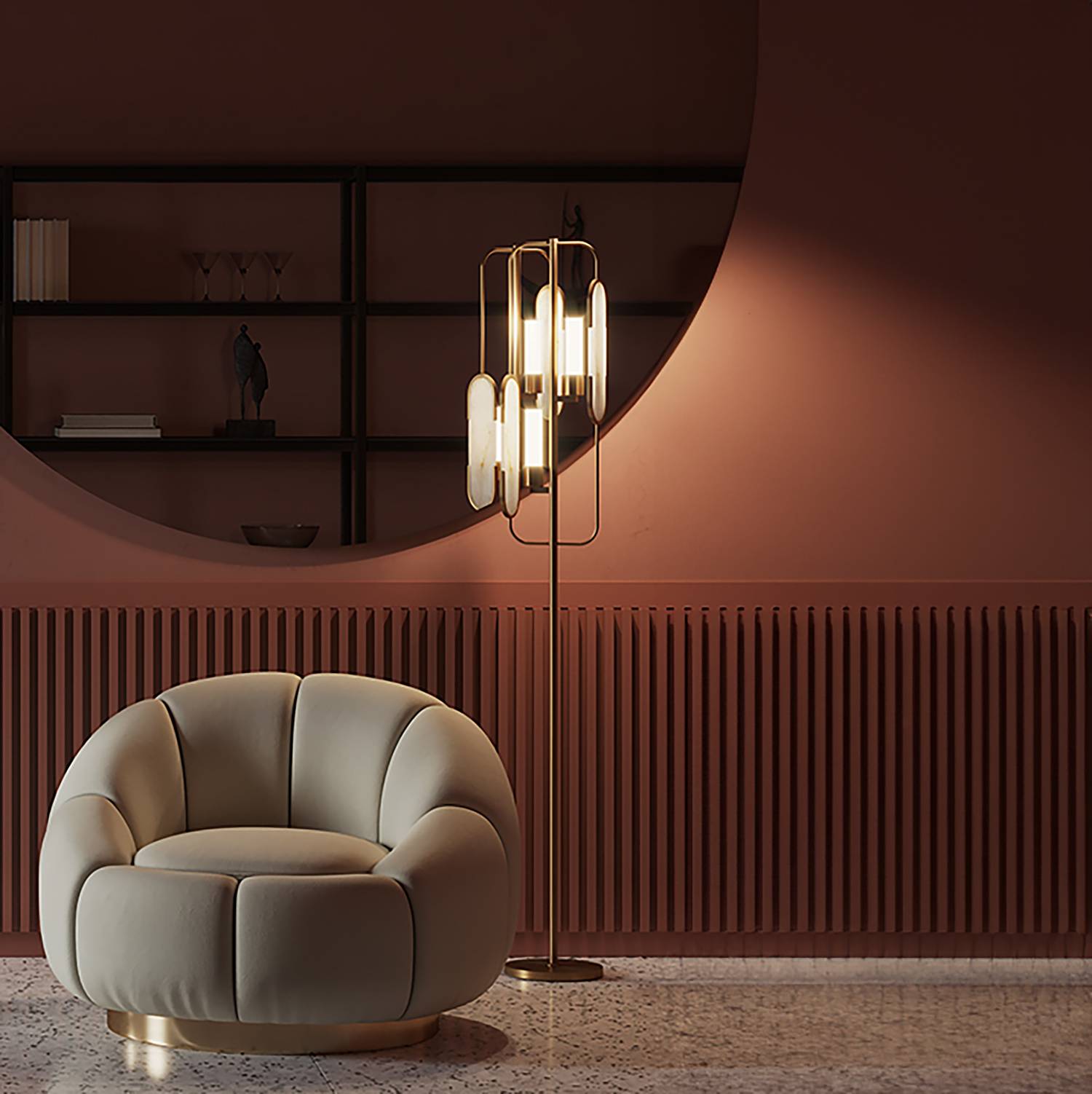 2-flammige Stehleuchte Marmo Stein Mischmetall 