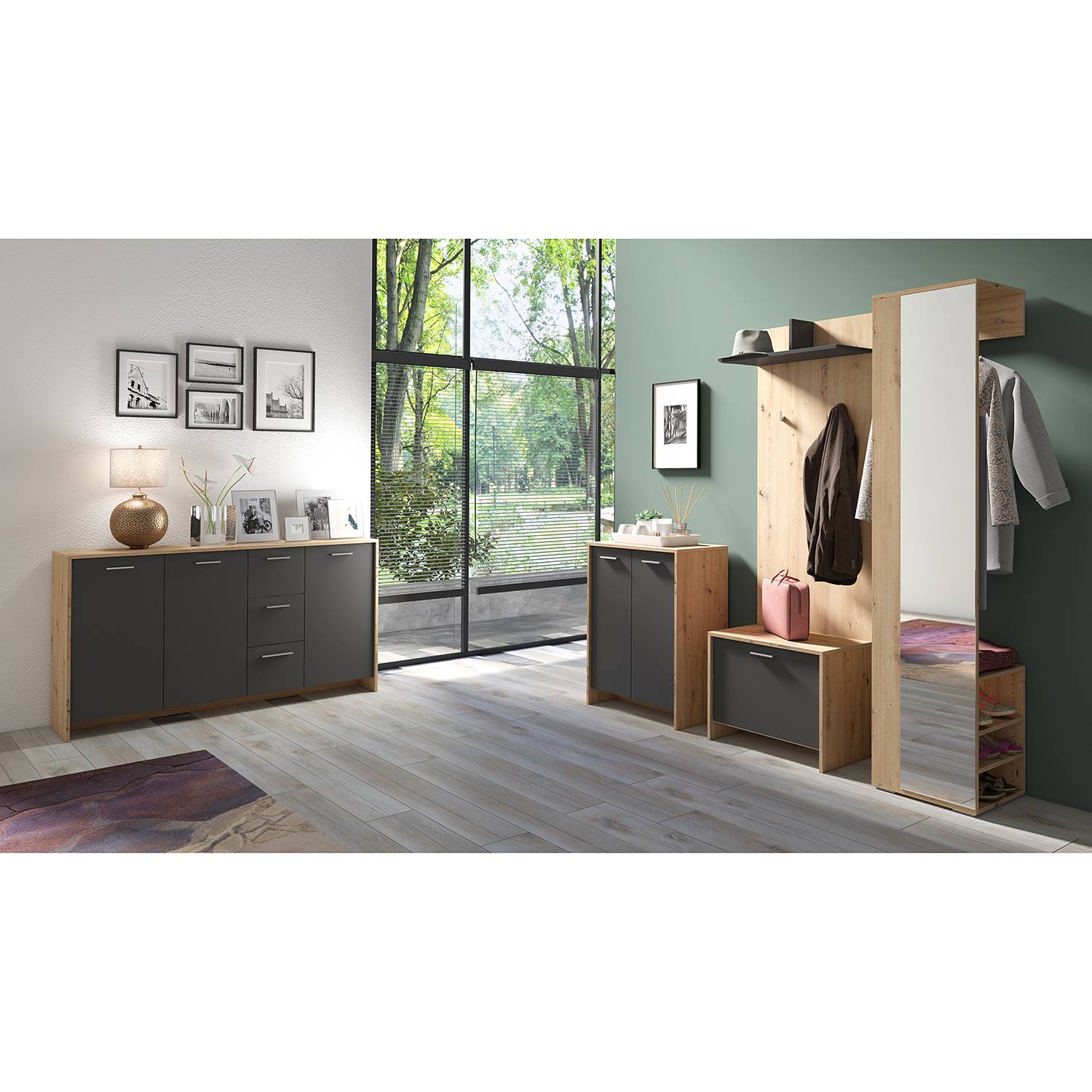 Garderobenbank Edgeworth Eiche Artisan Dekor Anthrazit