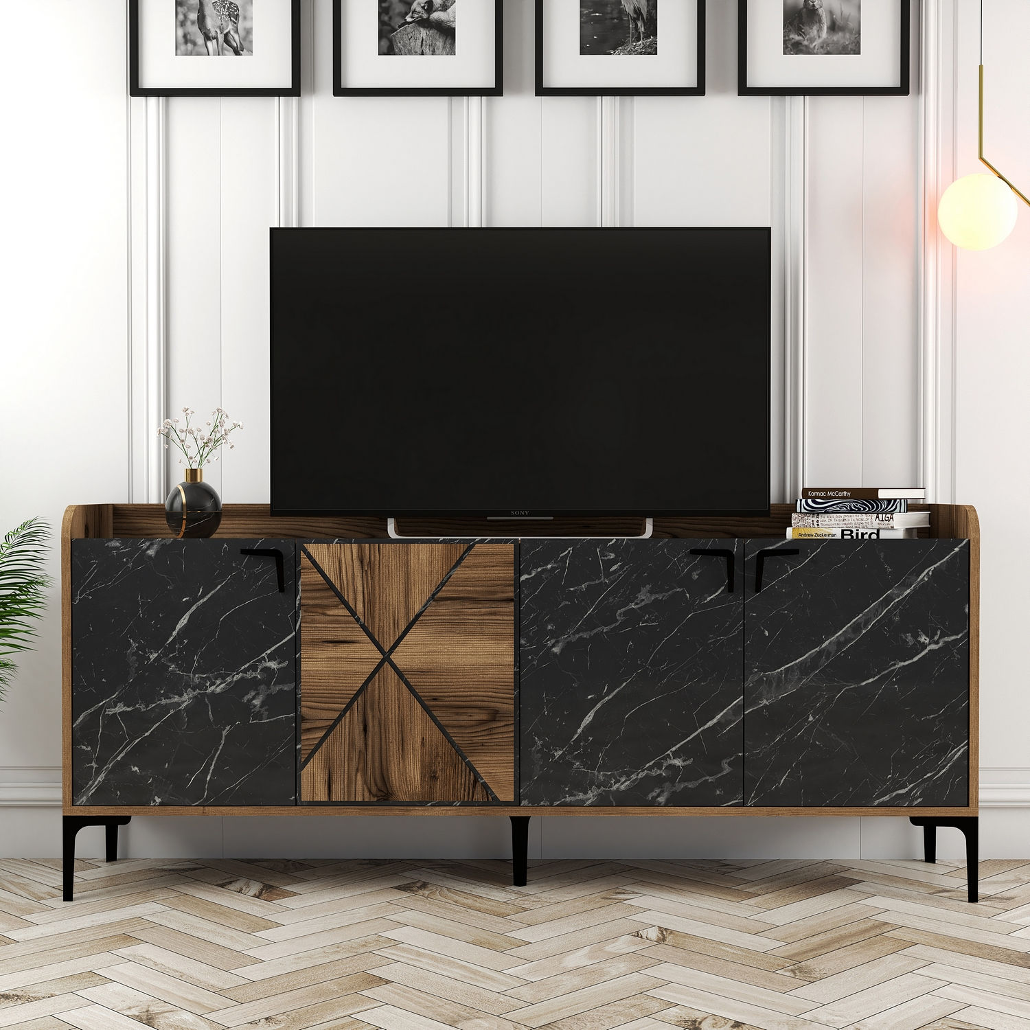 Venedik Sideboard Walnussbraun Marmoroptik Schwarz