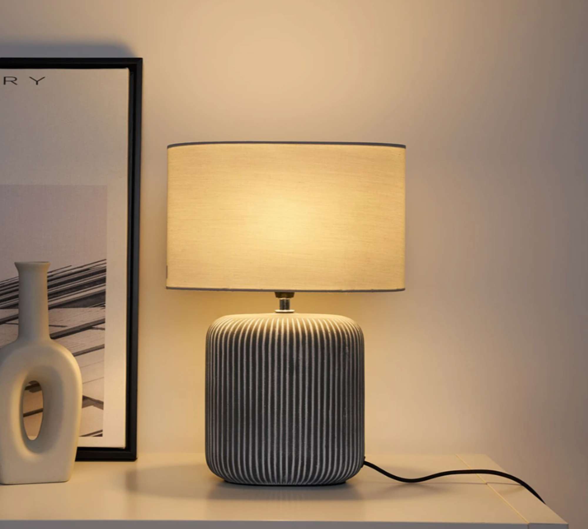 Table lamp 1-light Textile Ceramic Grey