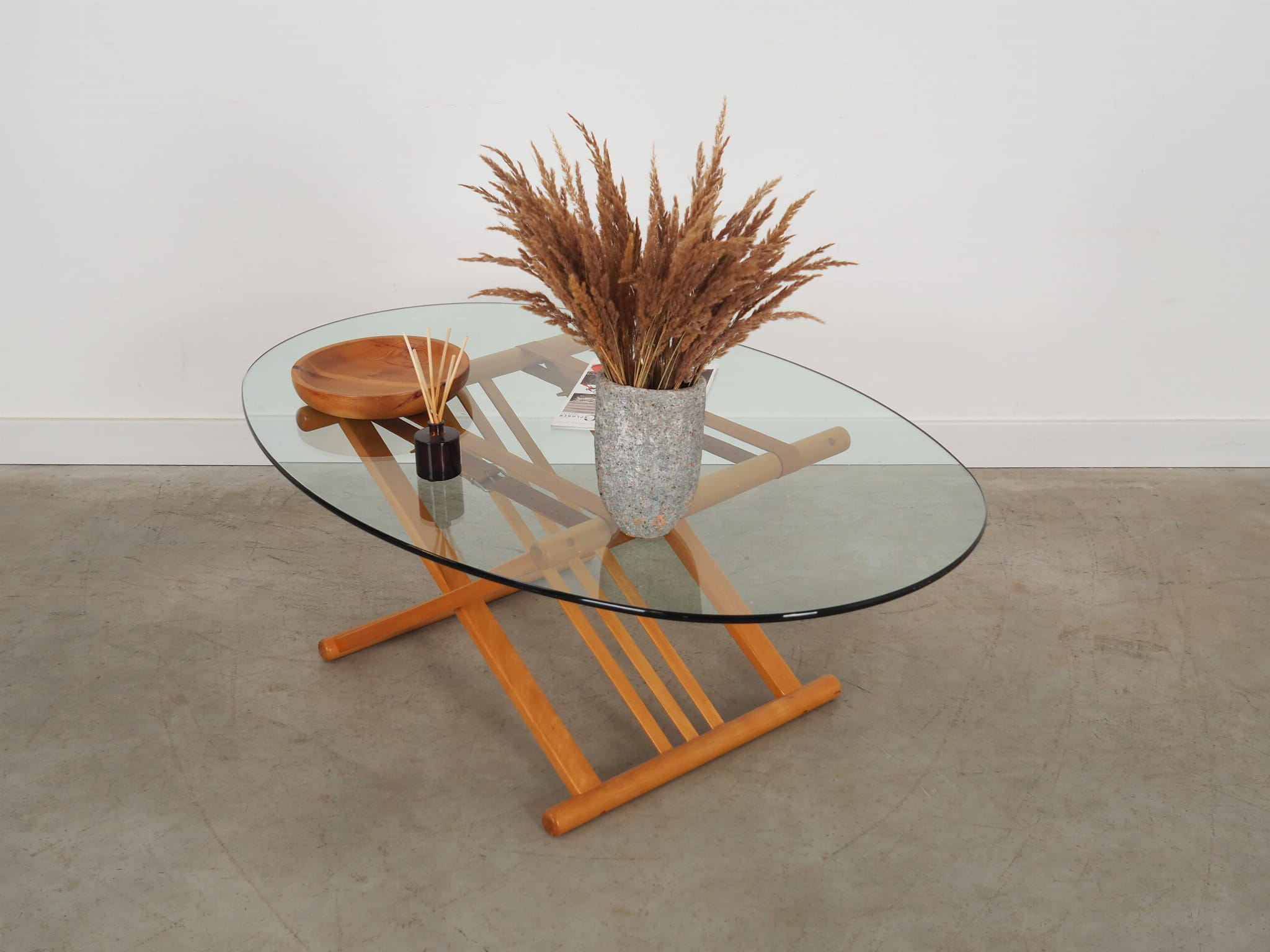 Vintage Coffee Table Beech Wood Glass Brown 1990s