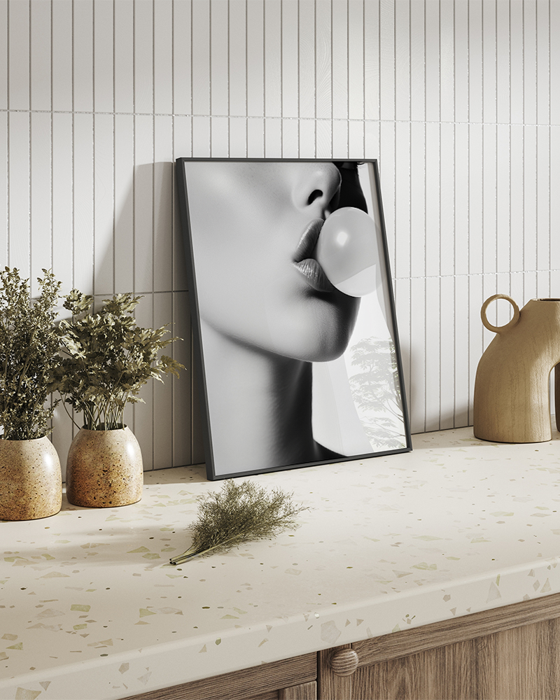 Bubblegum Close Up Art Print with Frame Black and White