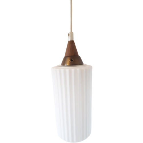 Vintage Pendant Lamp Milk Glass Teak Wood