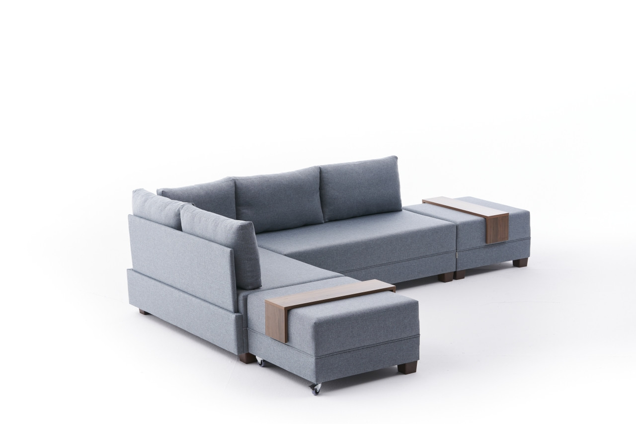 Fly Ecksofa Links mit 2 Hockern Blau