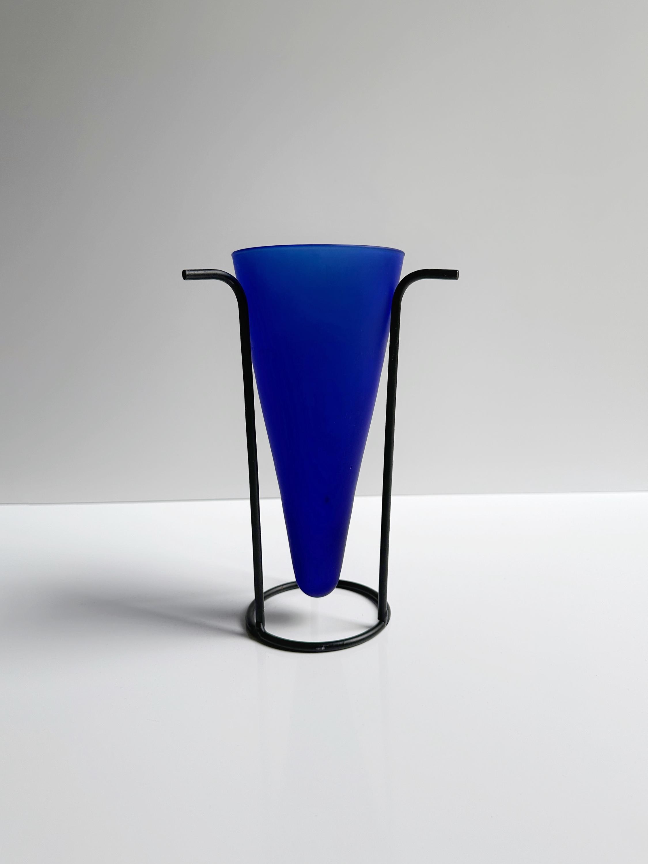 Vintage Postmodern Blumenvase Glas Blau 1990er Jahre