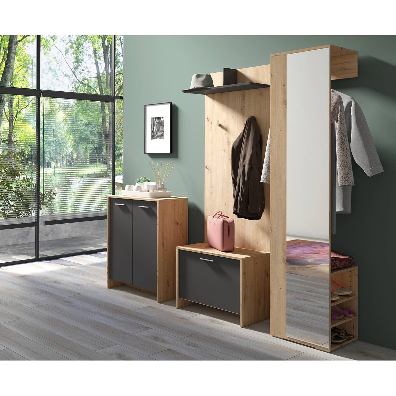 Garderobenbank Edgeworth Eiche Artisan Dekor Anthrazit