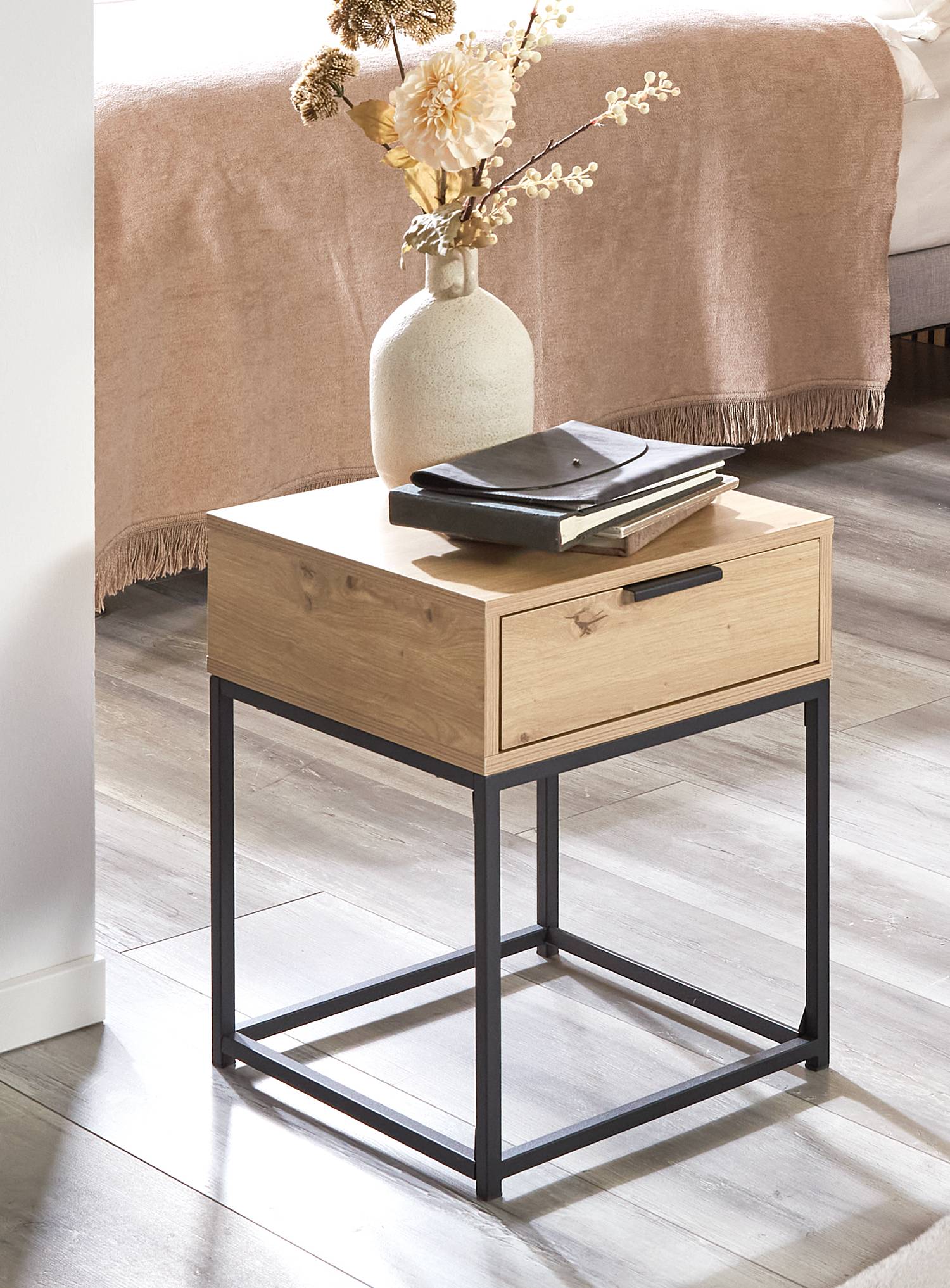 Nachtkommode Malmö 50 Eiche Hell Dekor Schwarz