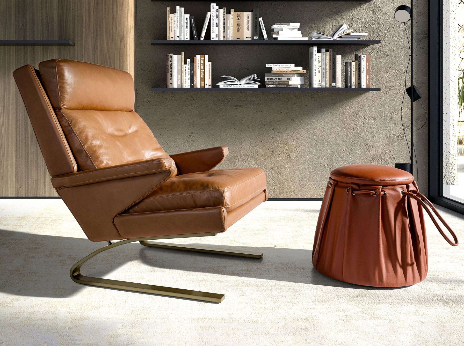 Caldera orange leather pouffe