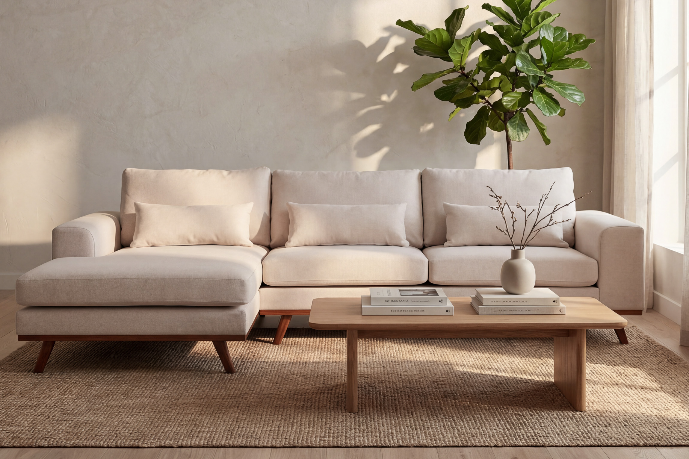 Corner Sofa Japandi 3-Seater Left Fabric Beige