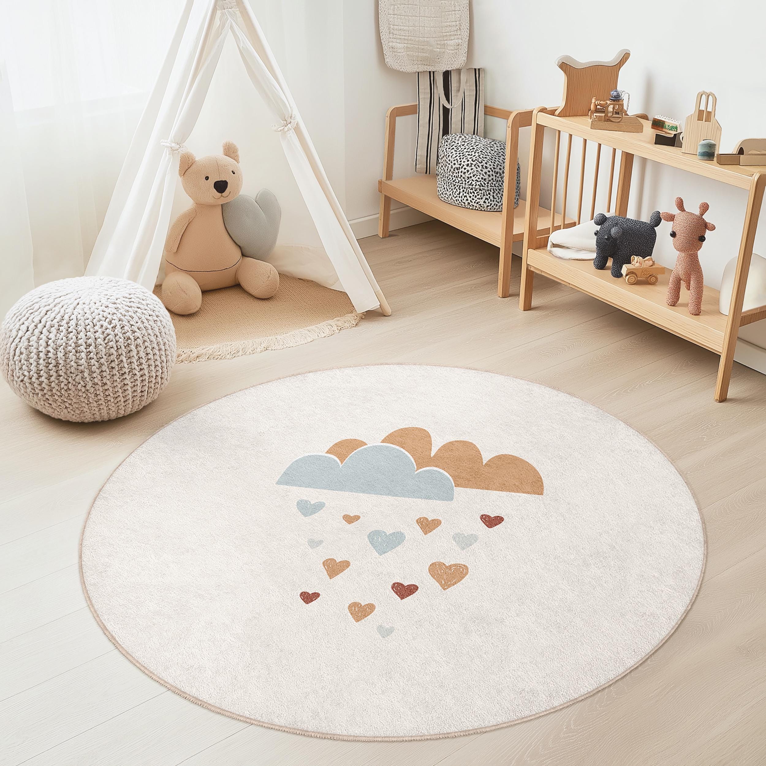 Wolken-und Herz-Muster Kinderteppich Mehrfarbig ⌀180cm
