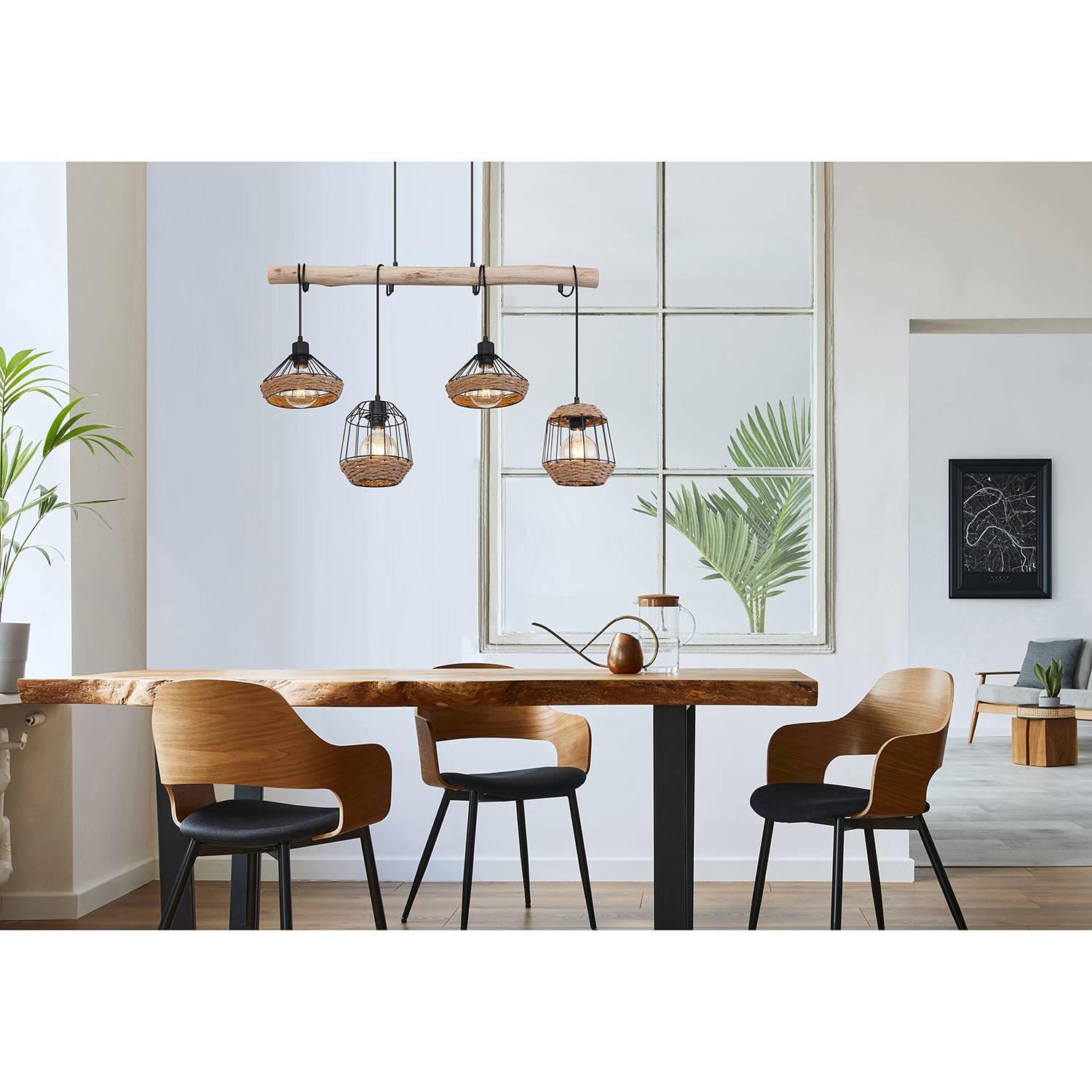 4-Flammig Pendelleuchte Surri Naturfaser Eukalyptus Massiv