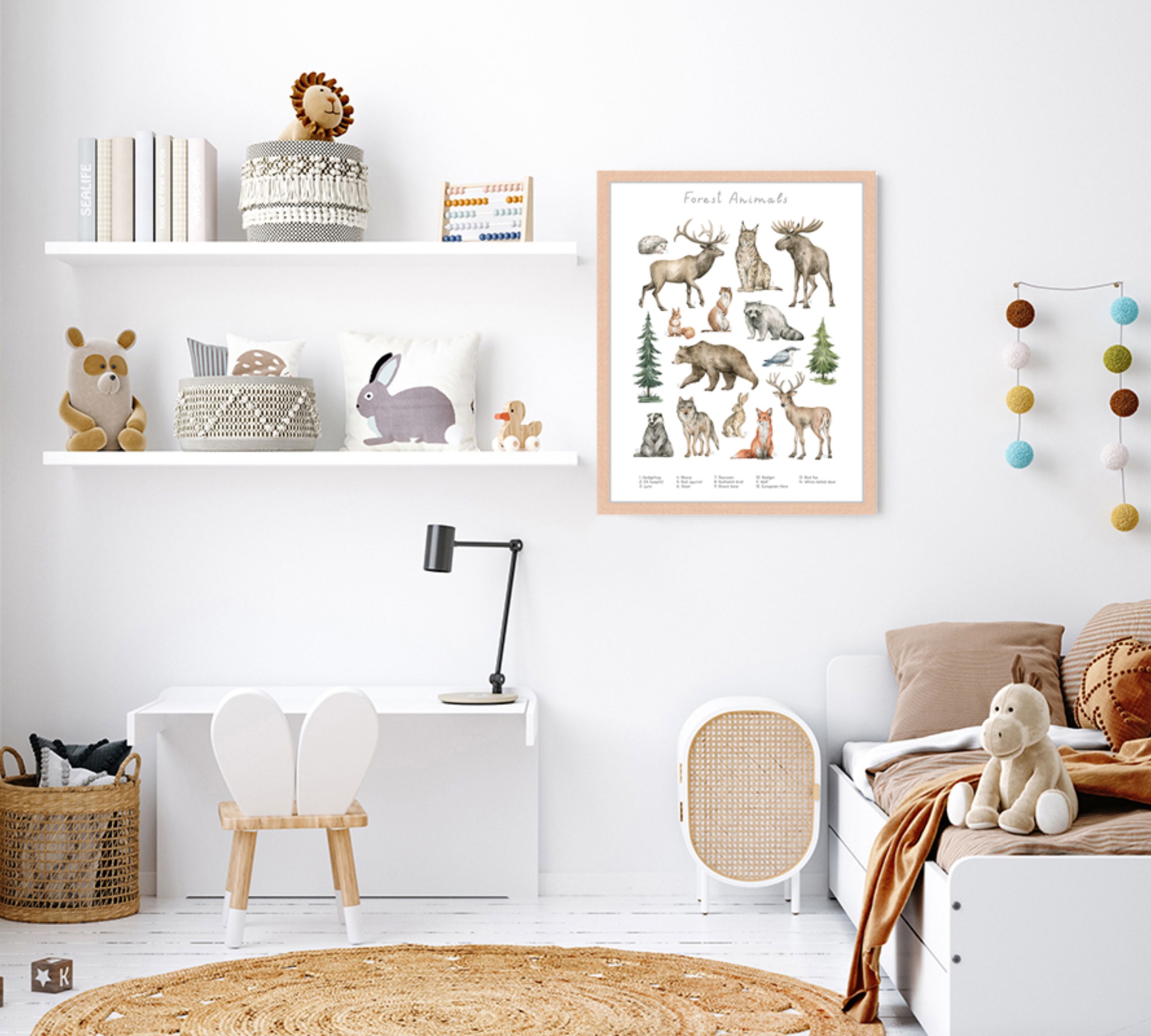 Forest Animals Art Print with Frame Multicolor