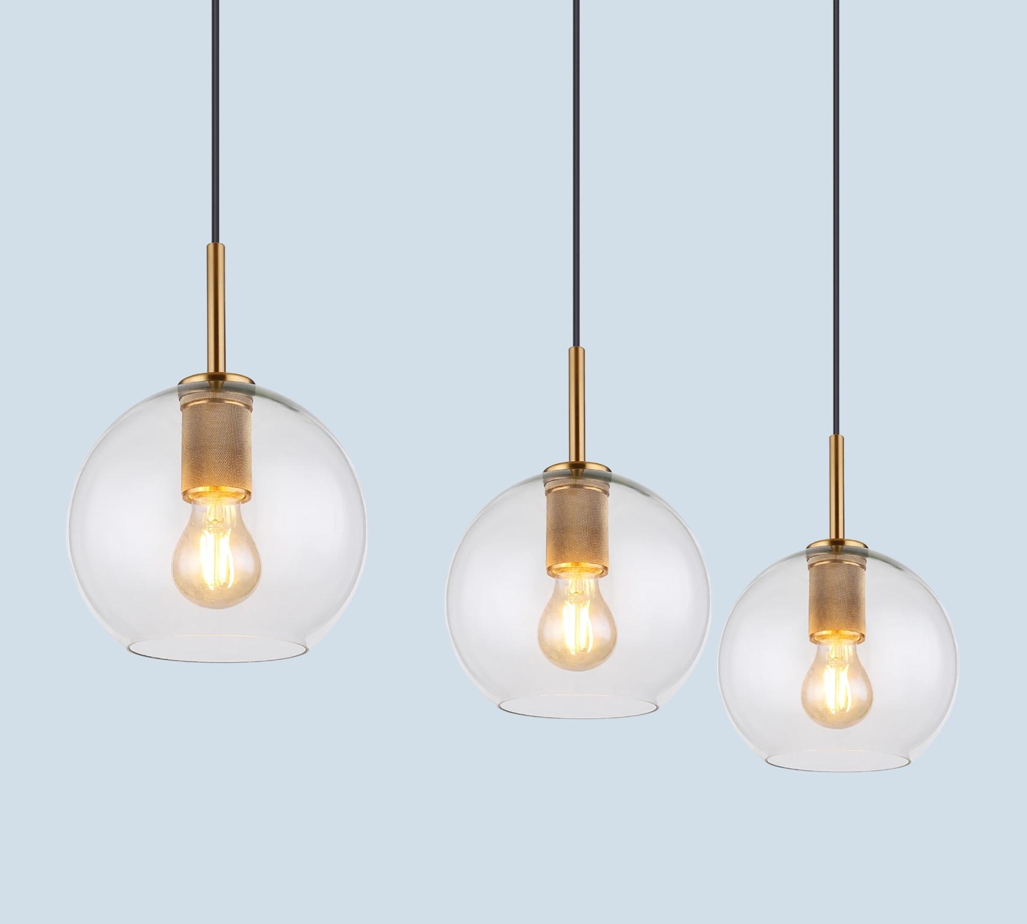 Pendant lamp 3-flame clear glass iron brass