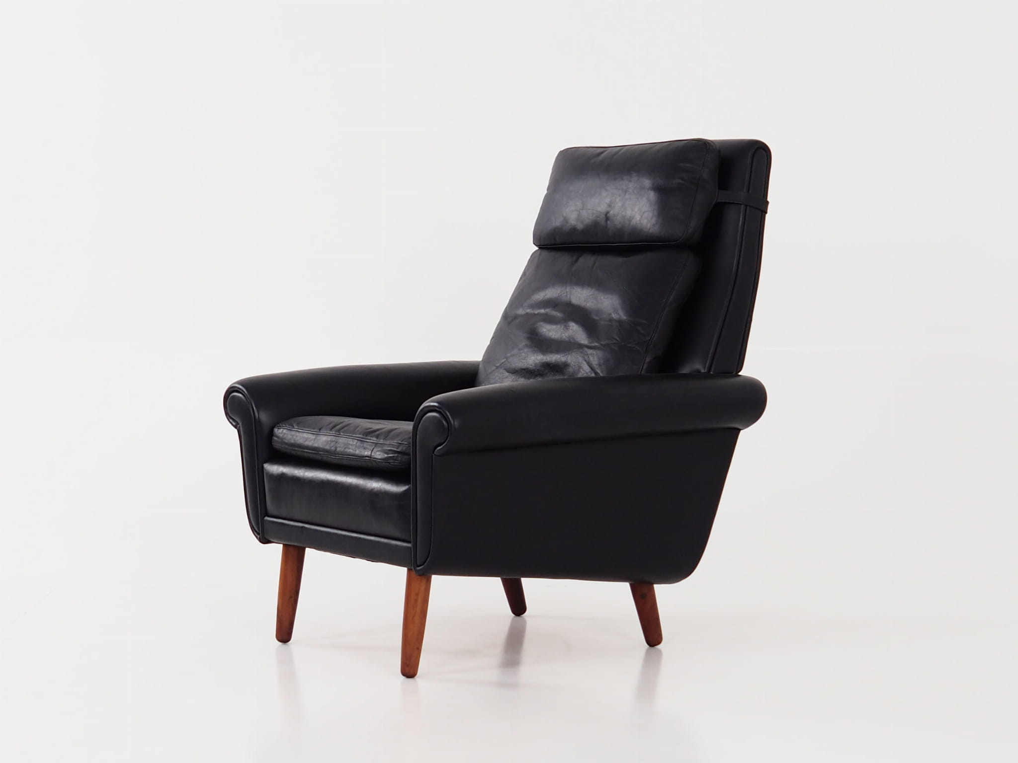 Vintage armchair, natural leather, wood, black, 1970s