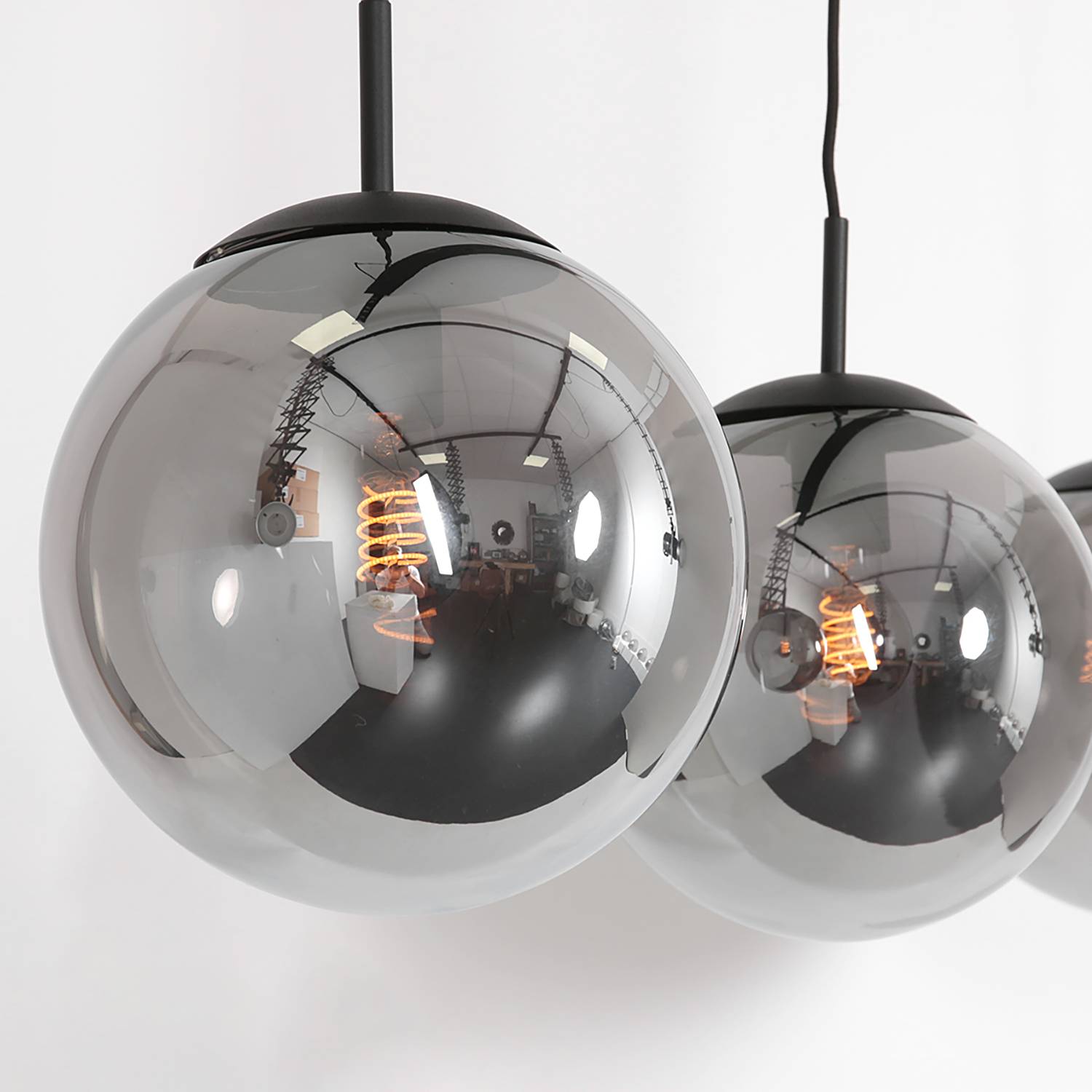 3-Flammig Pendelleuchte Bollique Eisen Rauchglas Schwarz