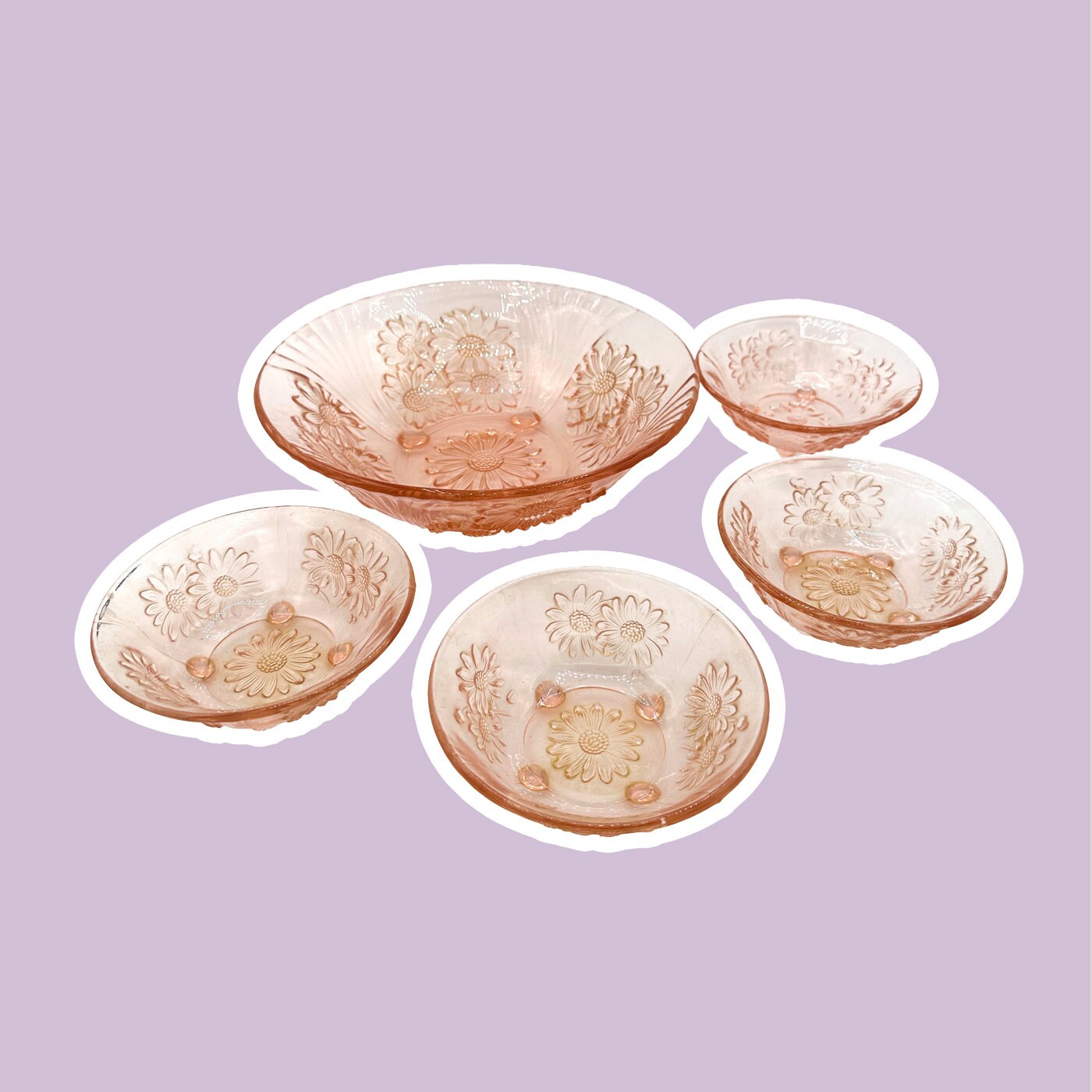 5x Vintage fruit bowl pressed glass pink 1930s