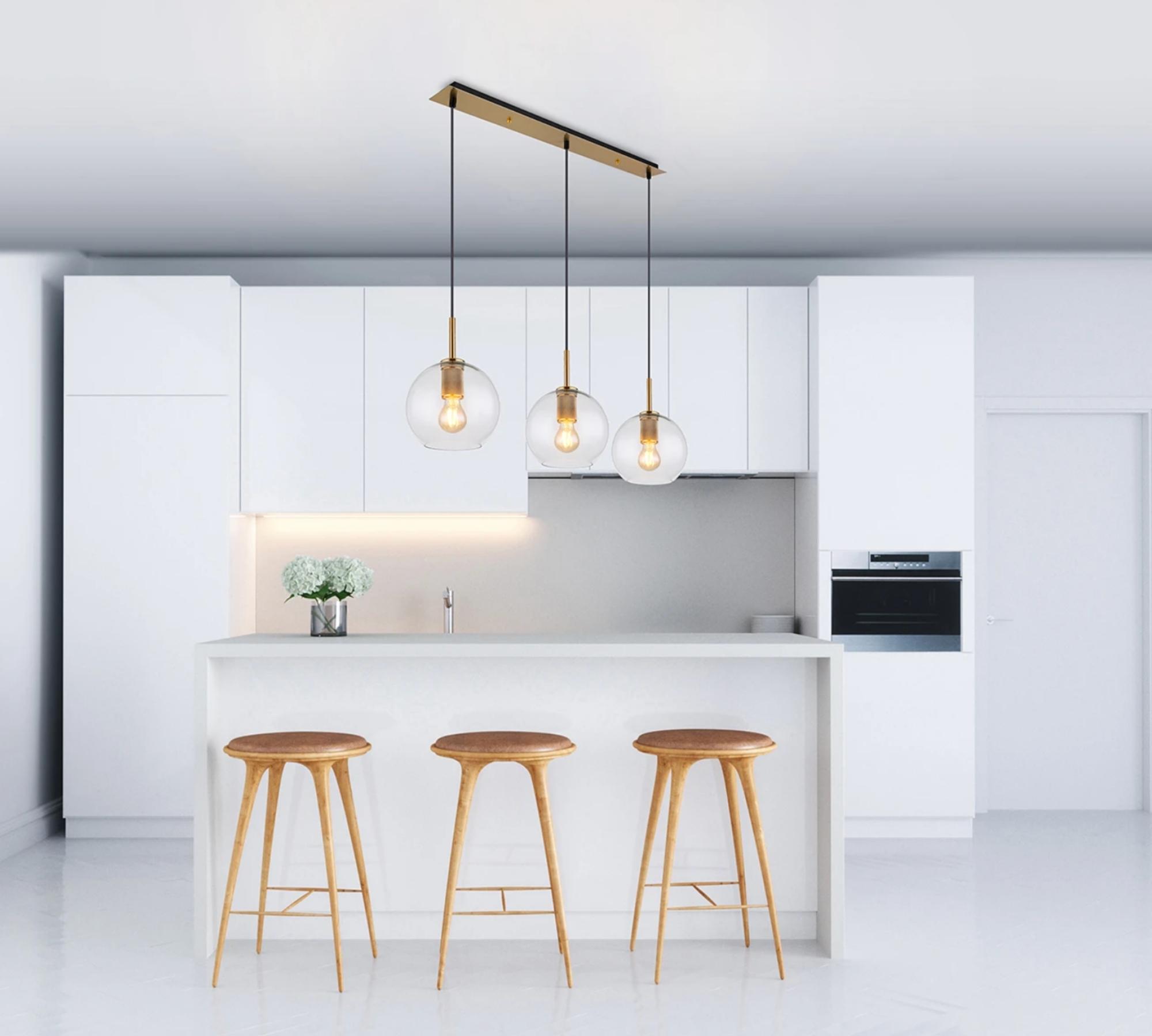 Pendant lamp 3-flame clear glass iron brass