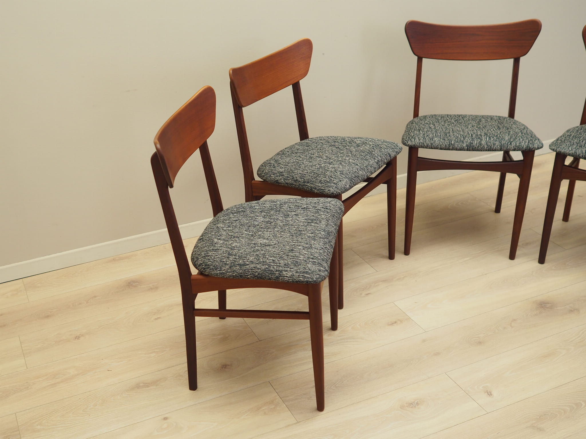 4x Vintage Dining Chair Teak Wood Textile Brown 1970s
