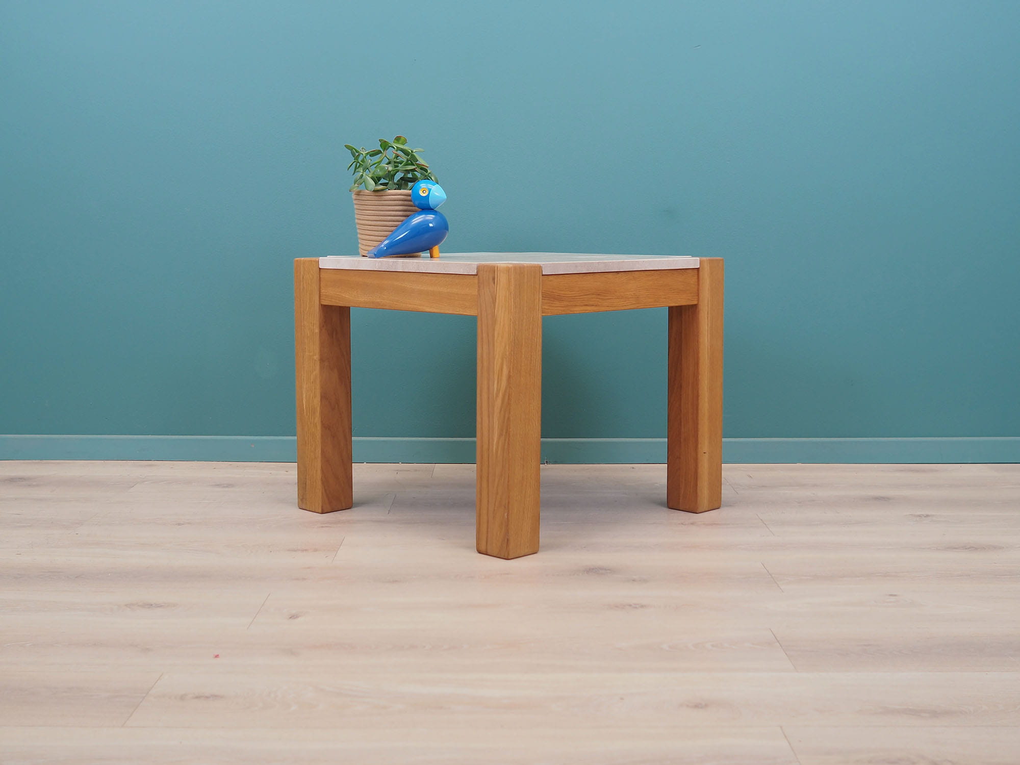 Vintage side table oak wood stone brown 1970s