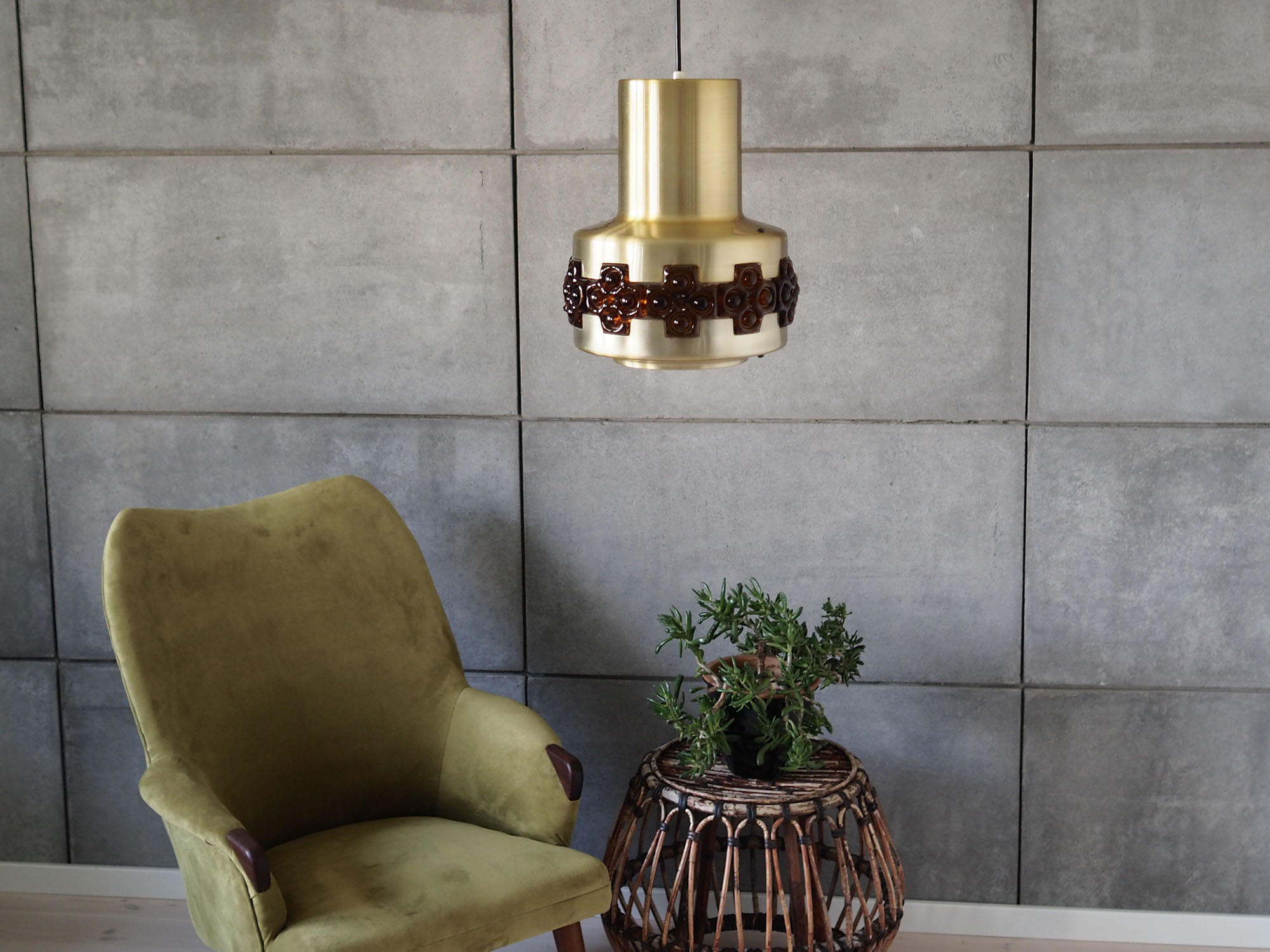 Vintage pendant lamp glass metal gold 1960s
