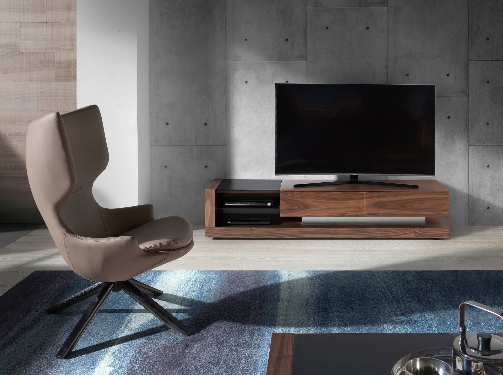 TV cabinet walnut, polished steel and black glass top 3139