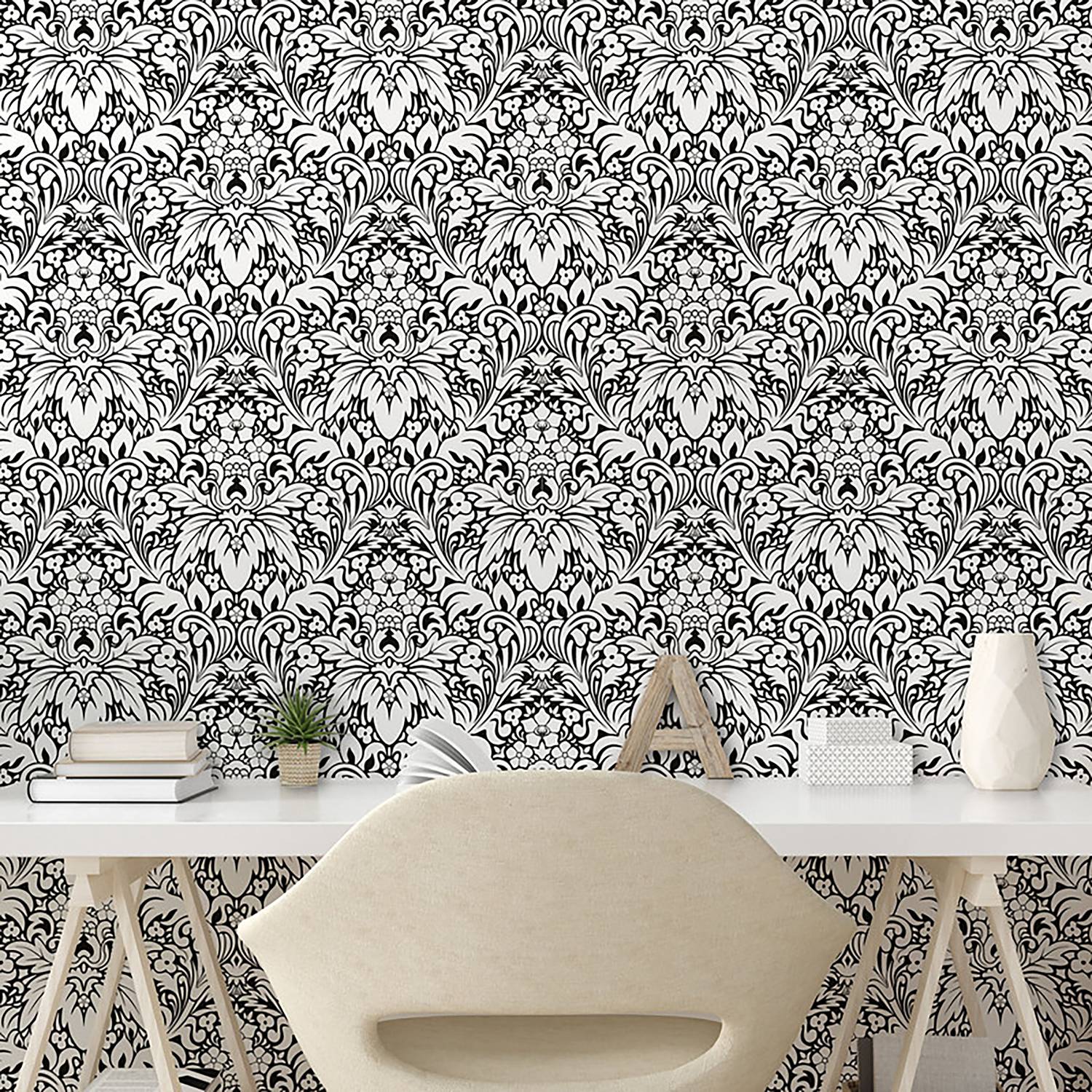 Tapete White Damask PVC Weiß / Schwarz Höhe: 250 cm