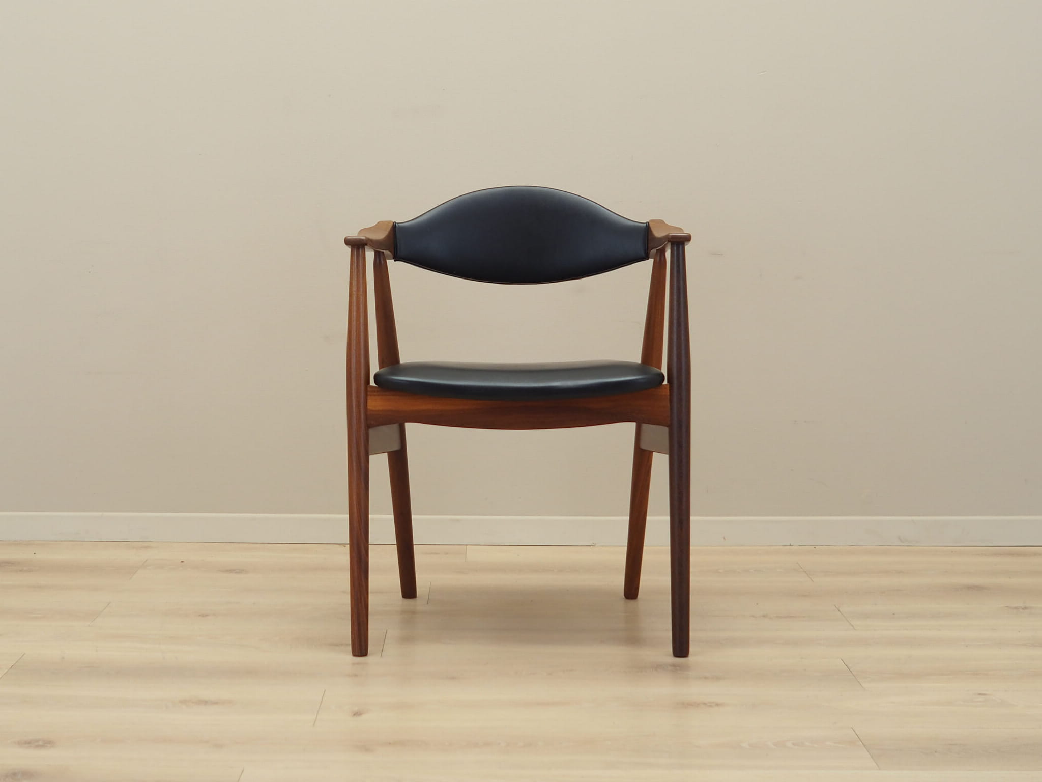 6x Chair Teak Wood Leather Black 1970s