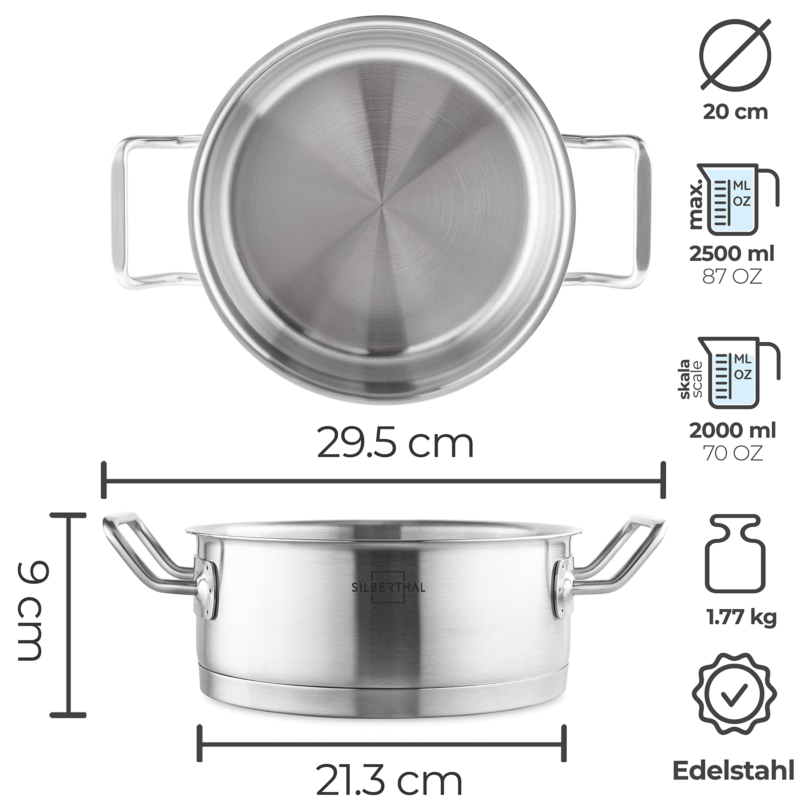 Kochtopf Induktion 20 cm Edelstahl Silber