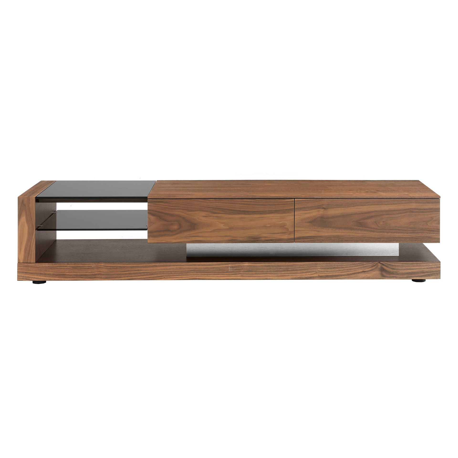 TV cabinet walnut, polished steel and black glass top 3139