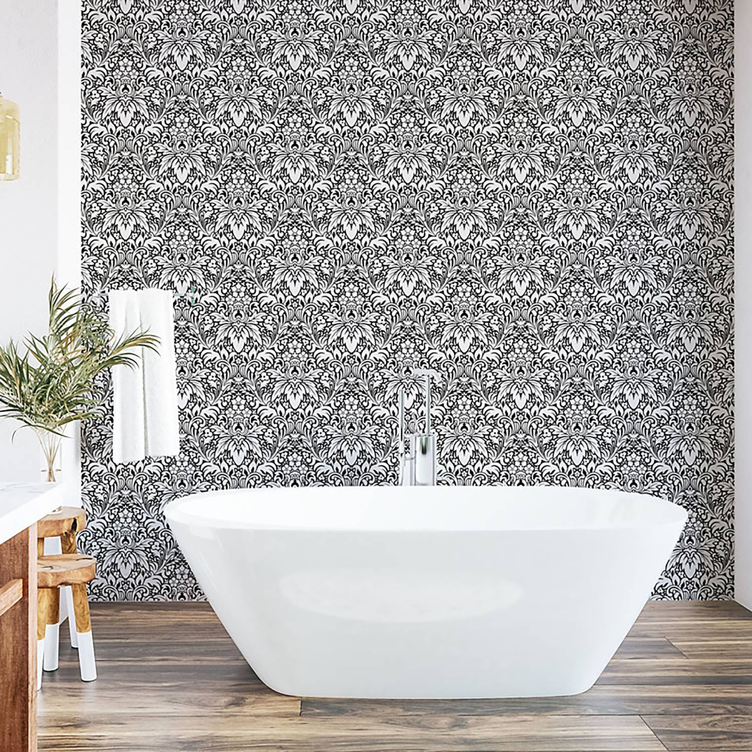 Tapete White Damask PVC Weiß / Schwarz Höhe: 250 cm