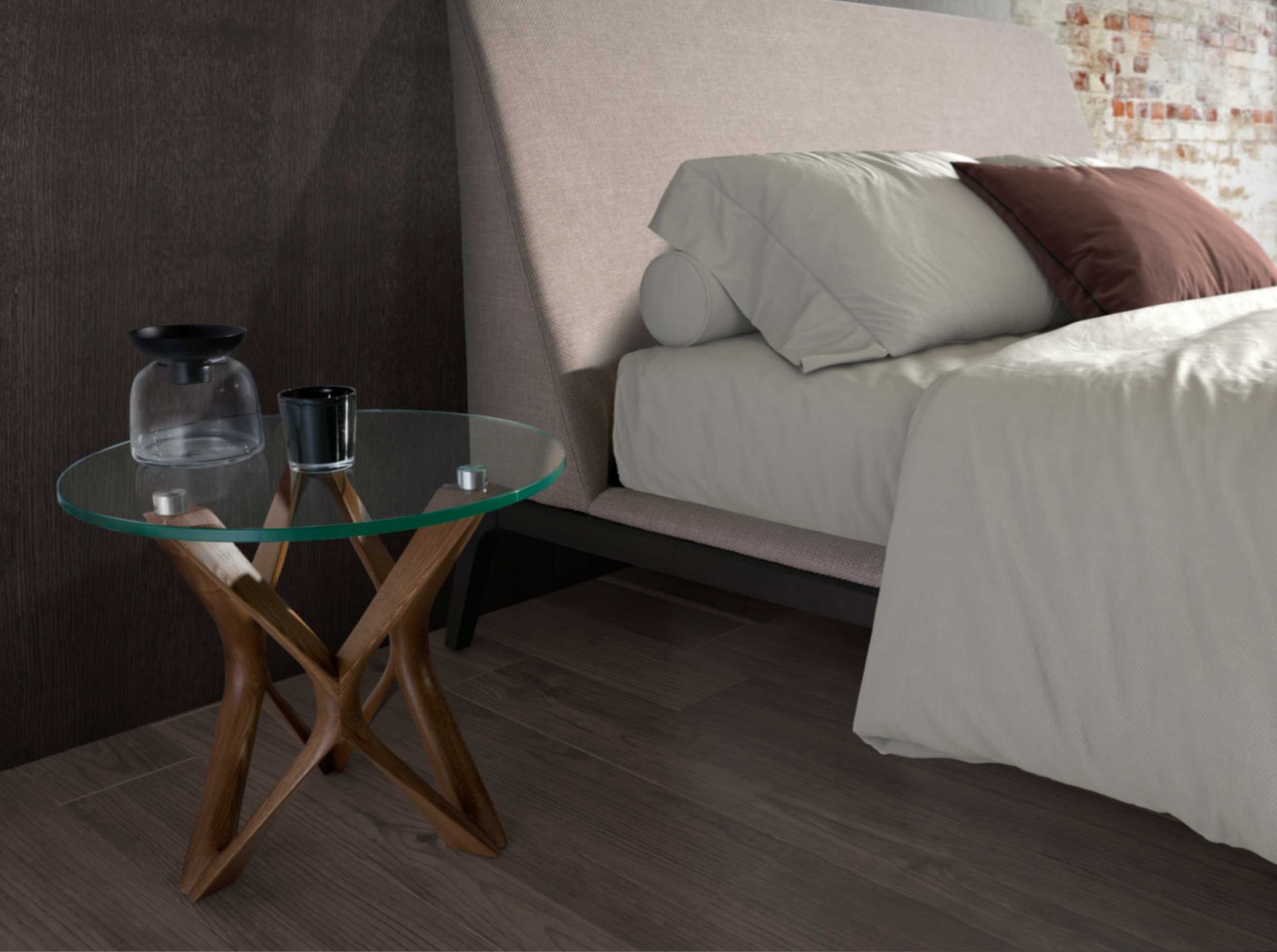 Round side table Walnut veneer Glass