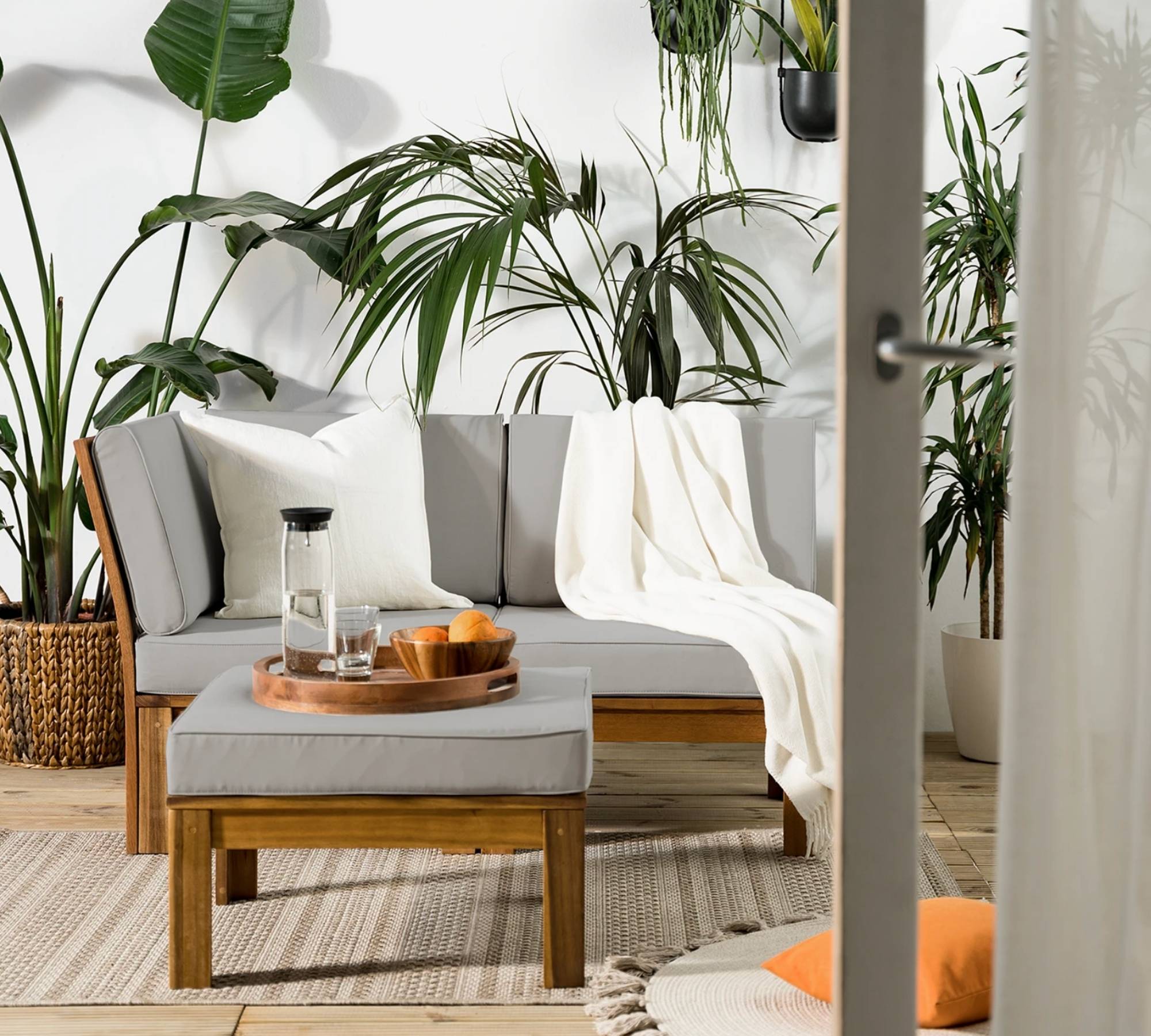 Loungehocker LEXI Webstoff / Akazie massiv Hellgrau