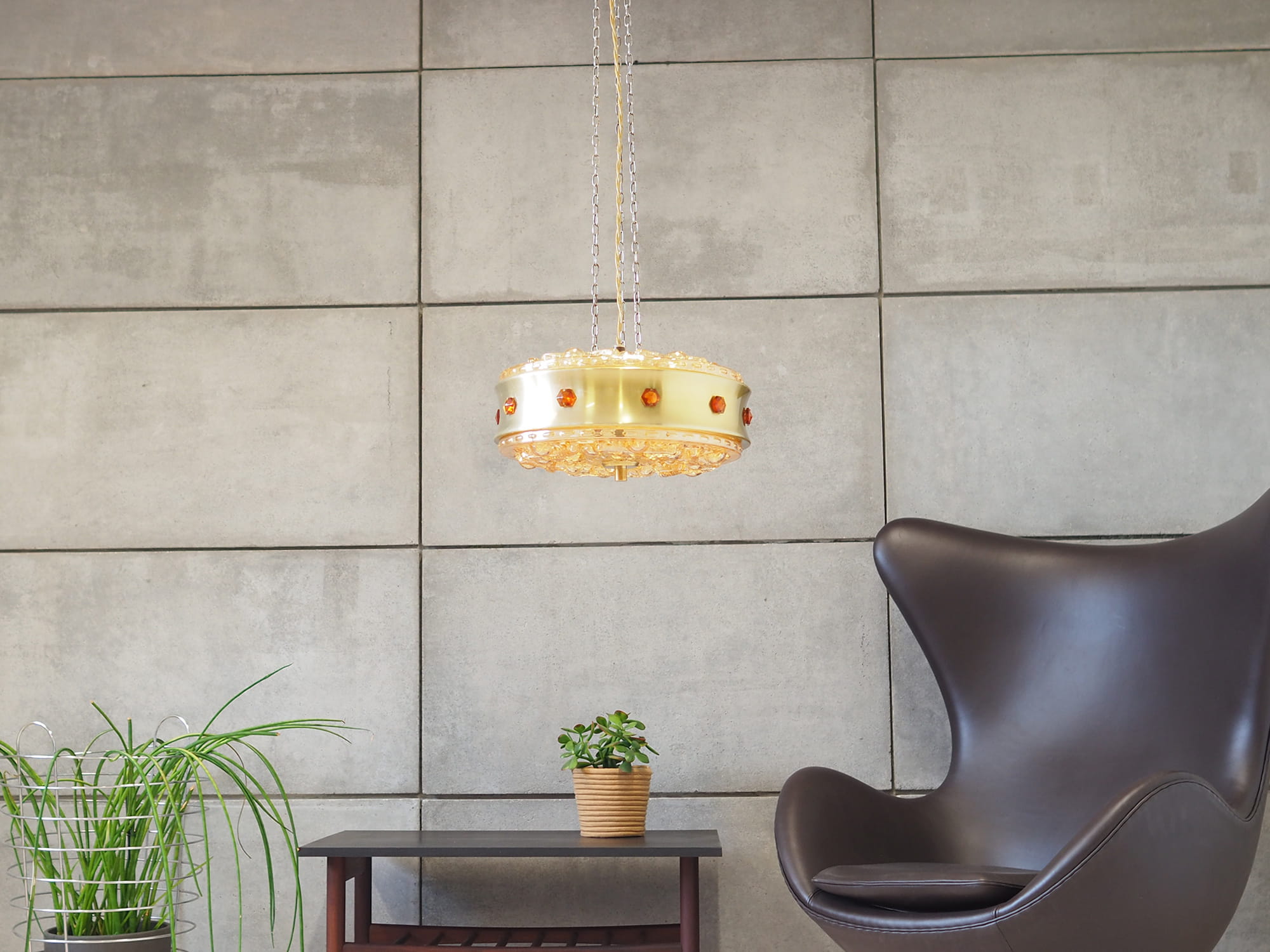 Vintage pendant lamp glass metal gold 1980s