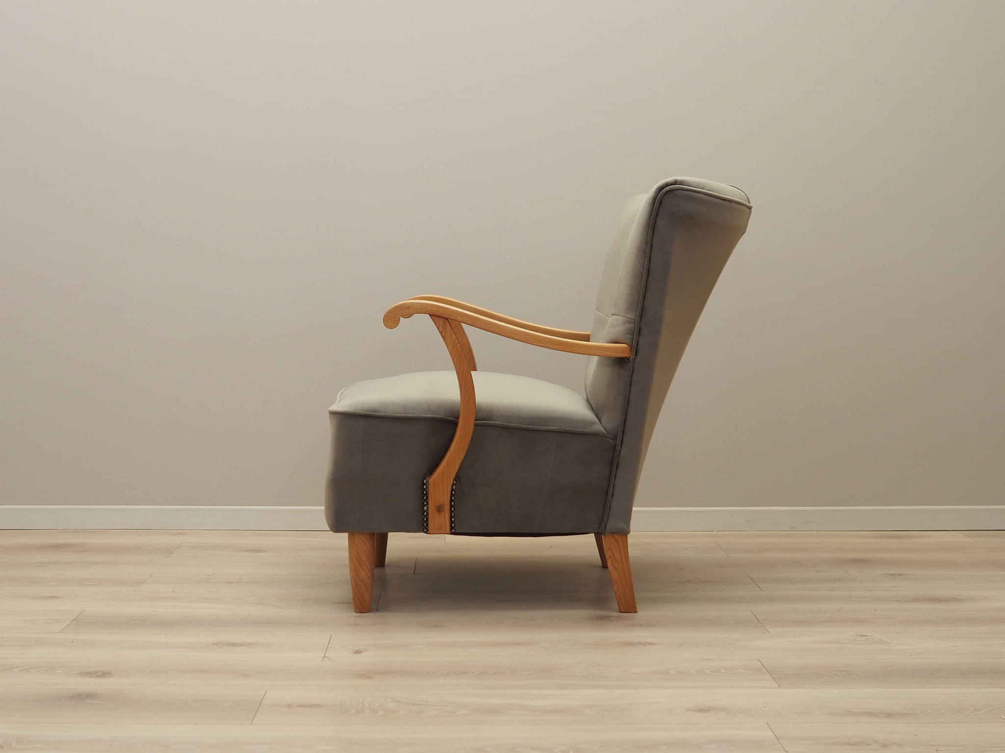 Vintage armchair beech wood velvet grey 1960s
