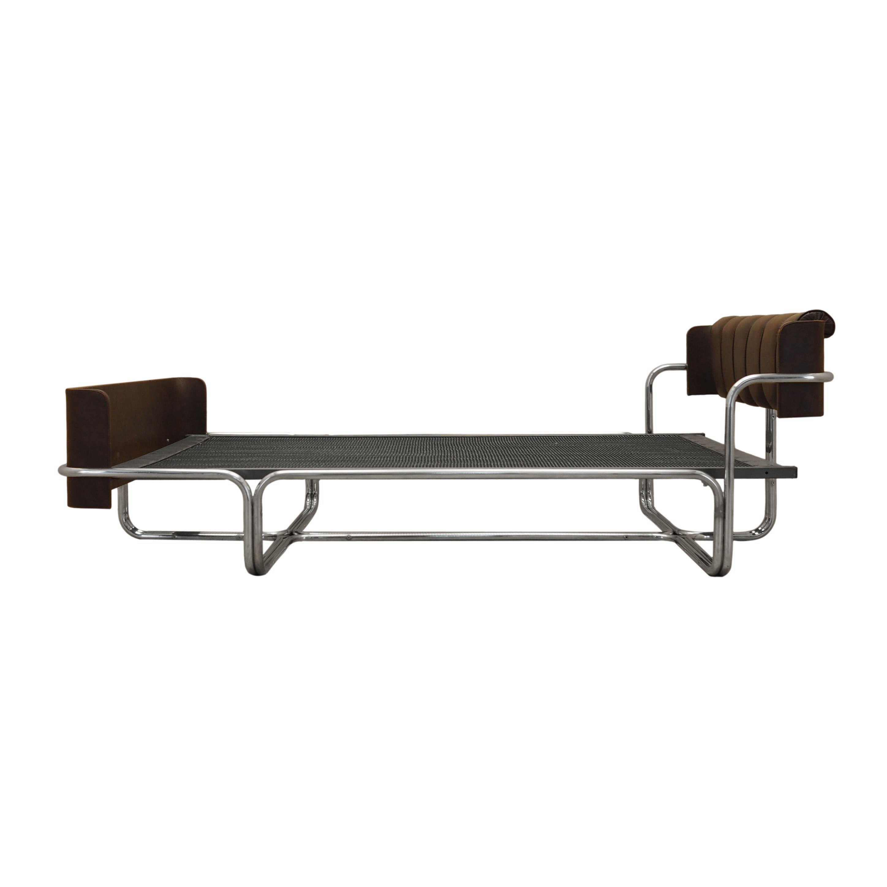 Vintage Bett Metallrahmen Naturleder Braun 1980er Jahre