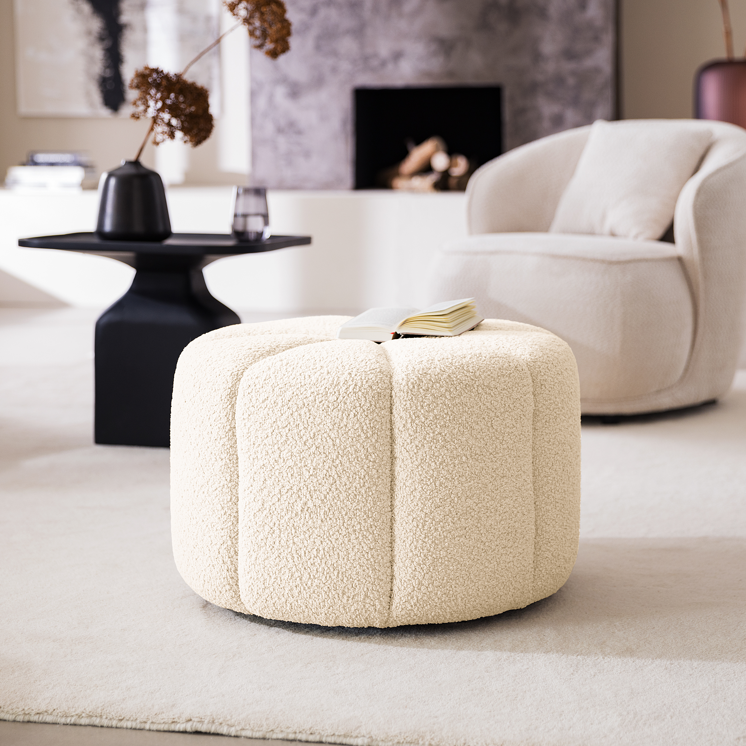 Stool FORA Teddy-Bouclé Fabric Beige
