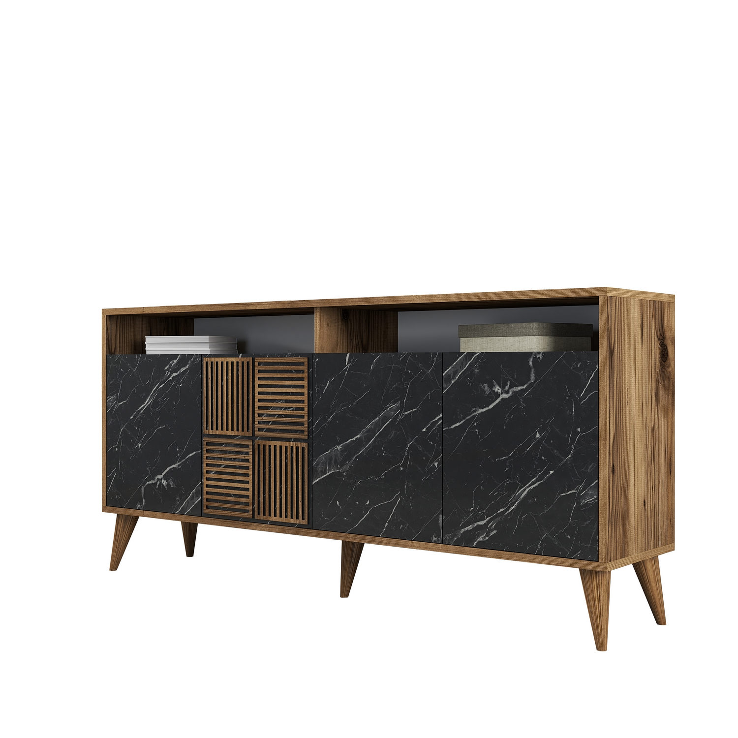 Milan Sideboard Walnussbraun Marmoroptik Schwarz 160cm