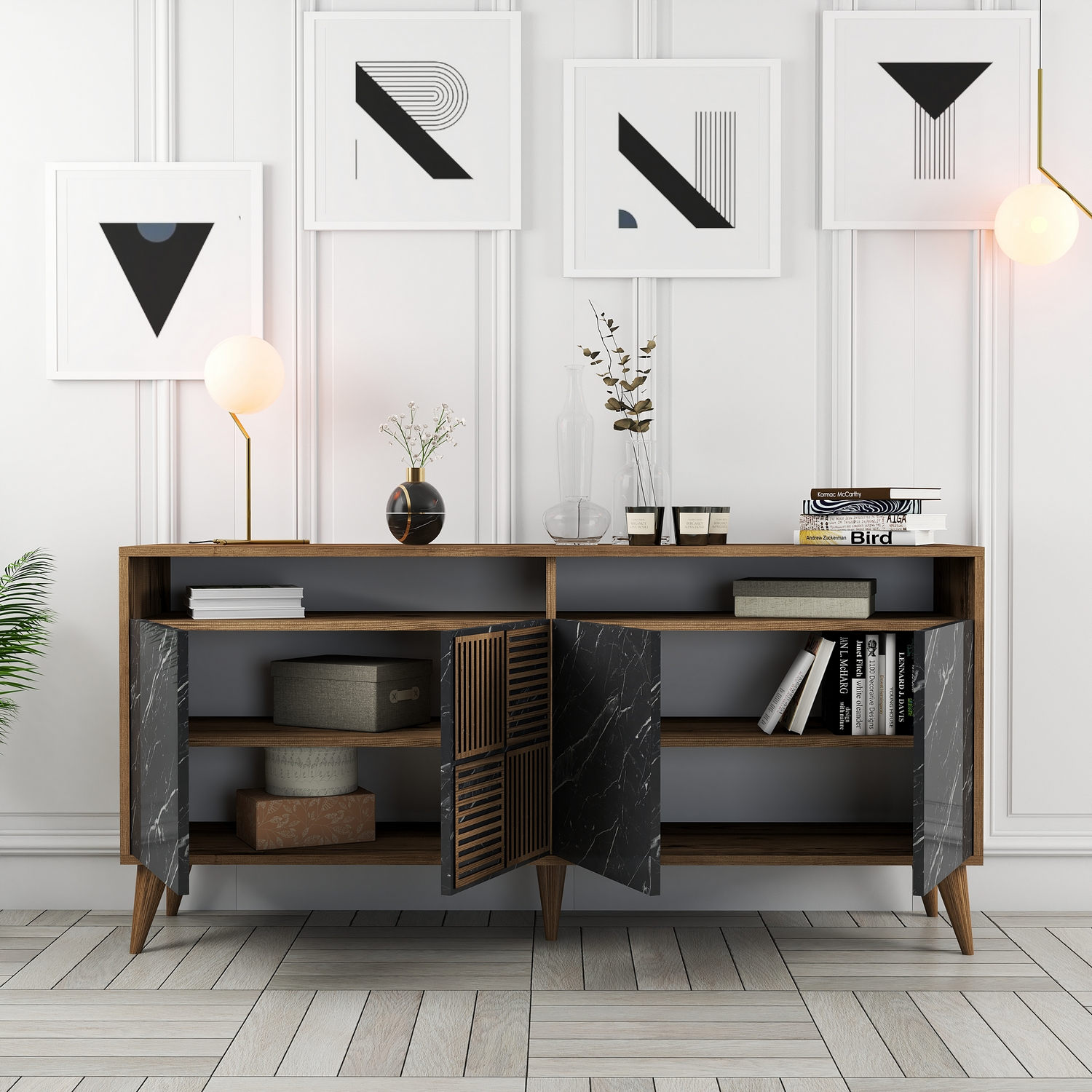 Milan Sideboard Walnussbraun Marmoroptik Schwarz 160cm