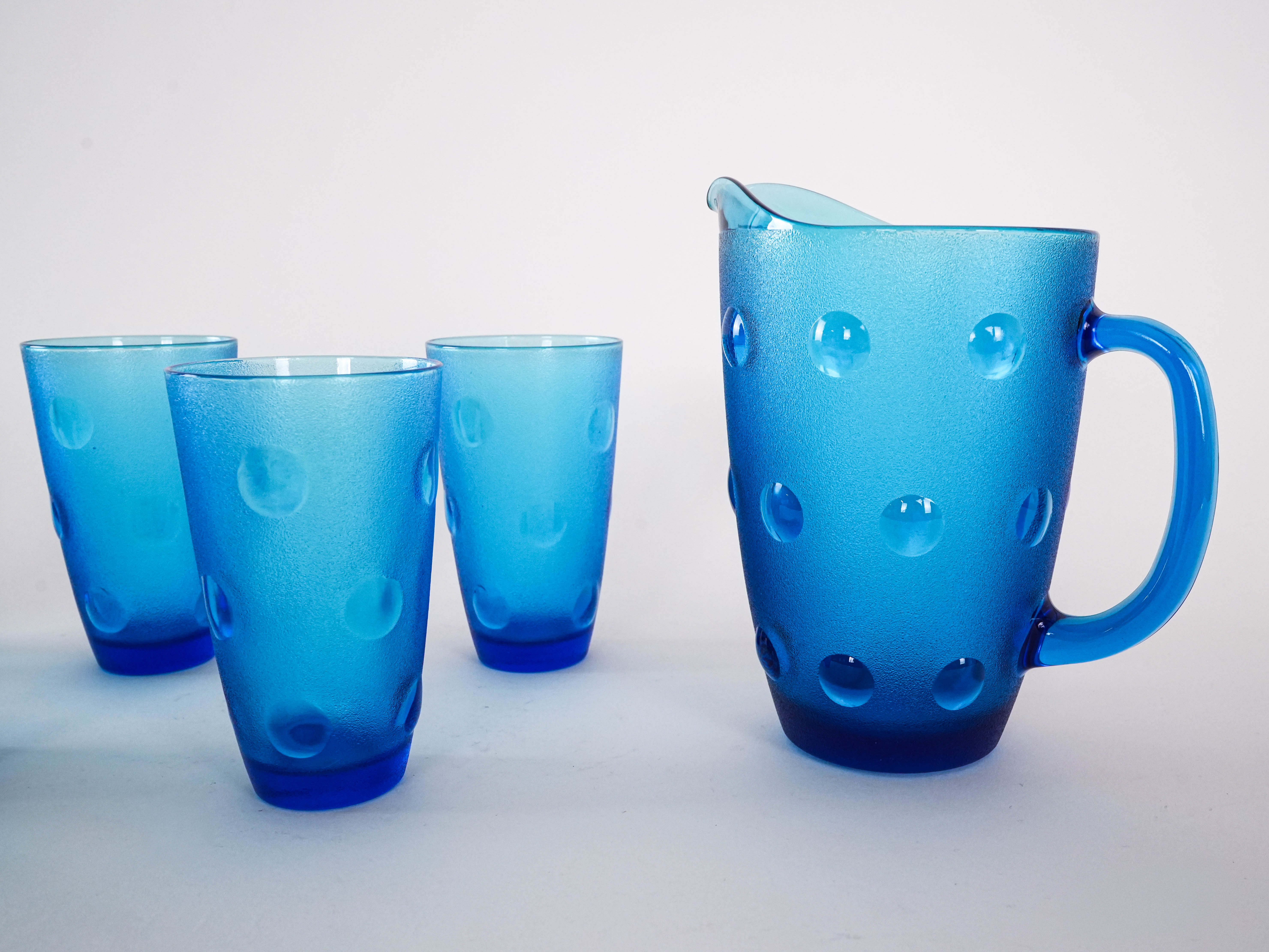 Gläser und Krug-Set Blau 1970er Jahre