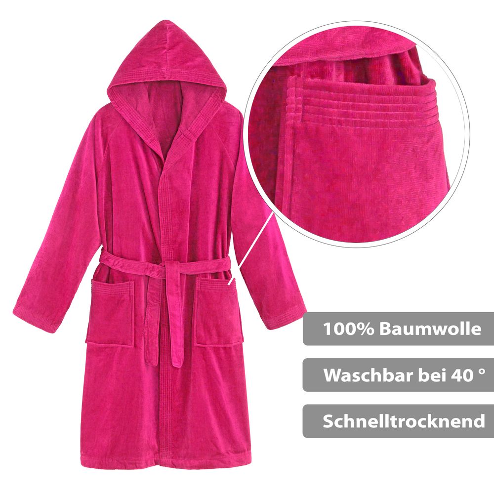 Unisex Bademantel Baumwolle mit Kapuze Fuchsia 2XLarge