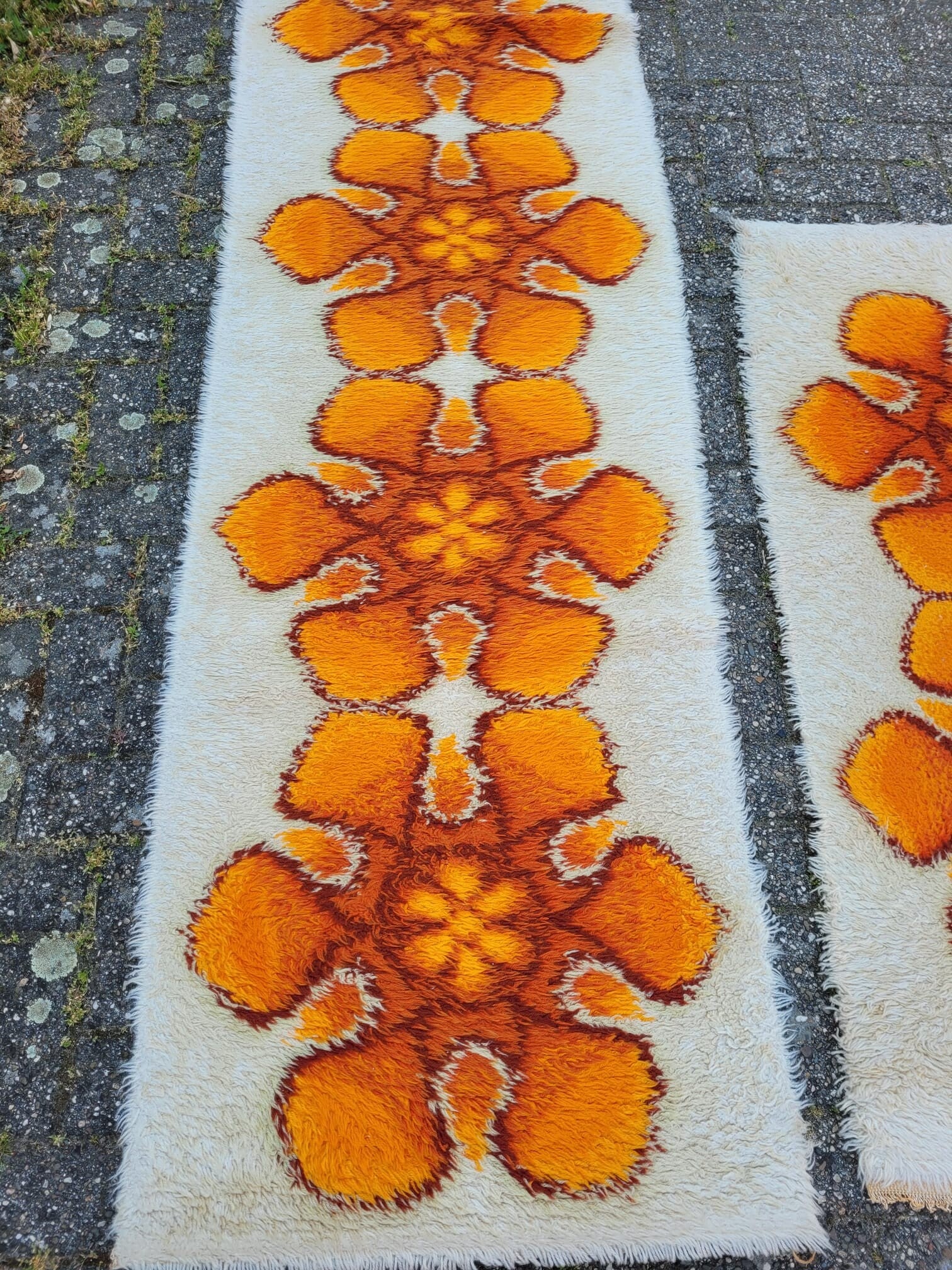 Vintage x2 Läufer Teppiche Wolle Orange 70er Jahre