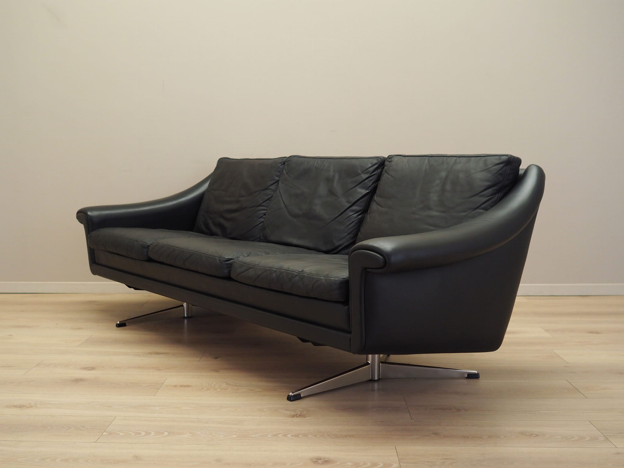 3-Sitzer Sofa Leder Schwarz 1960er Jahre