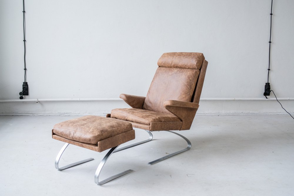 Vintage Reinhold Adolf Sessel & Hocker Leder Stahl Braun