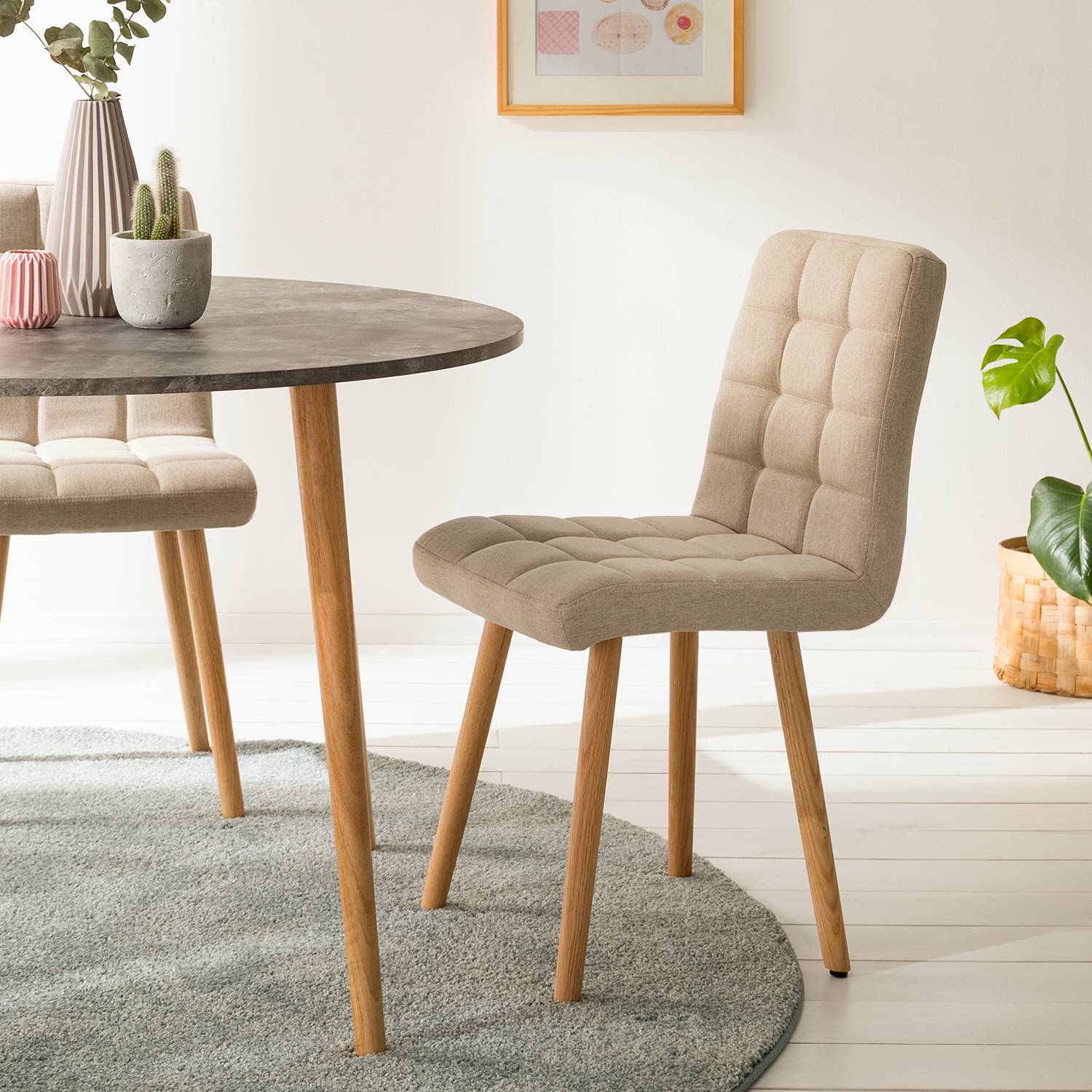 2x Polsterstuhl Doskie II Leinen Eiche Massiv Beige