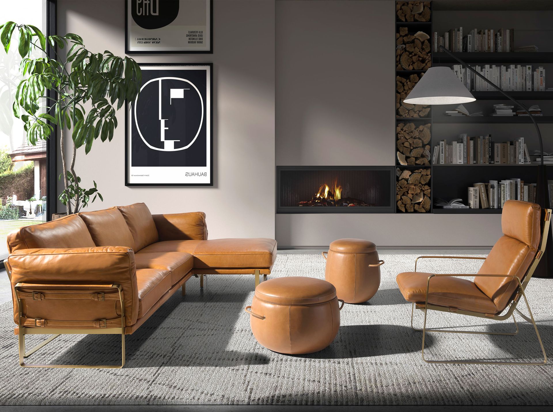 Sofa mit Récamiere rechts aus camel-farbenem Leder 6232