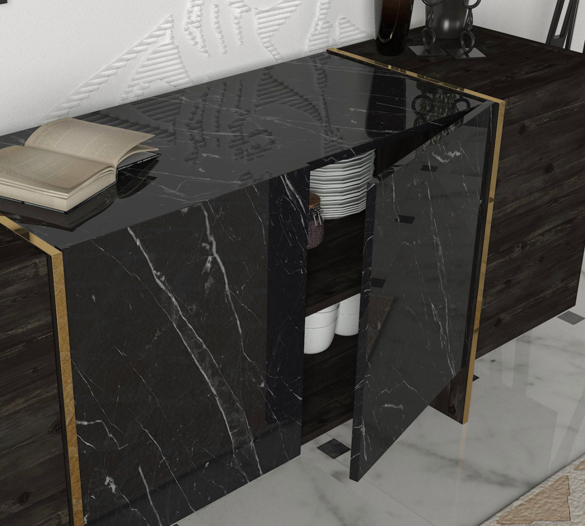 Sideboard Holz Schwarz Marmoroptik