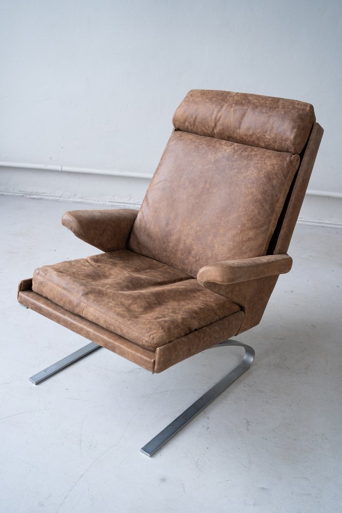 Vintage Reinhold Adolf Sessel & Hocker Leder Stahl Braun